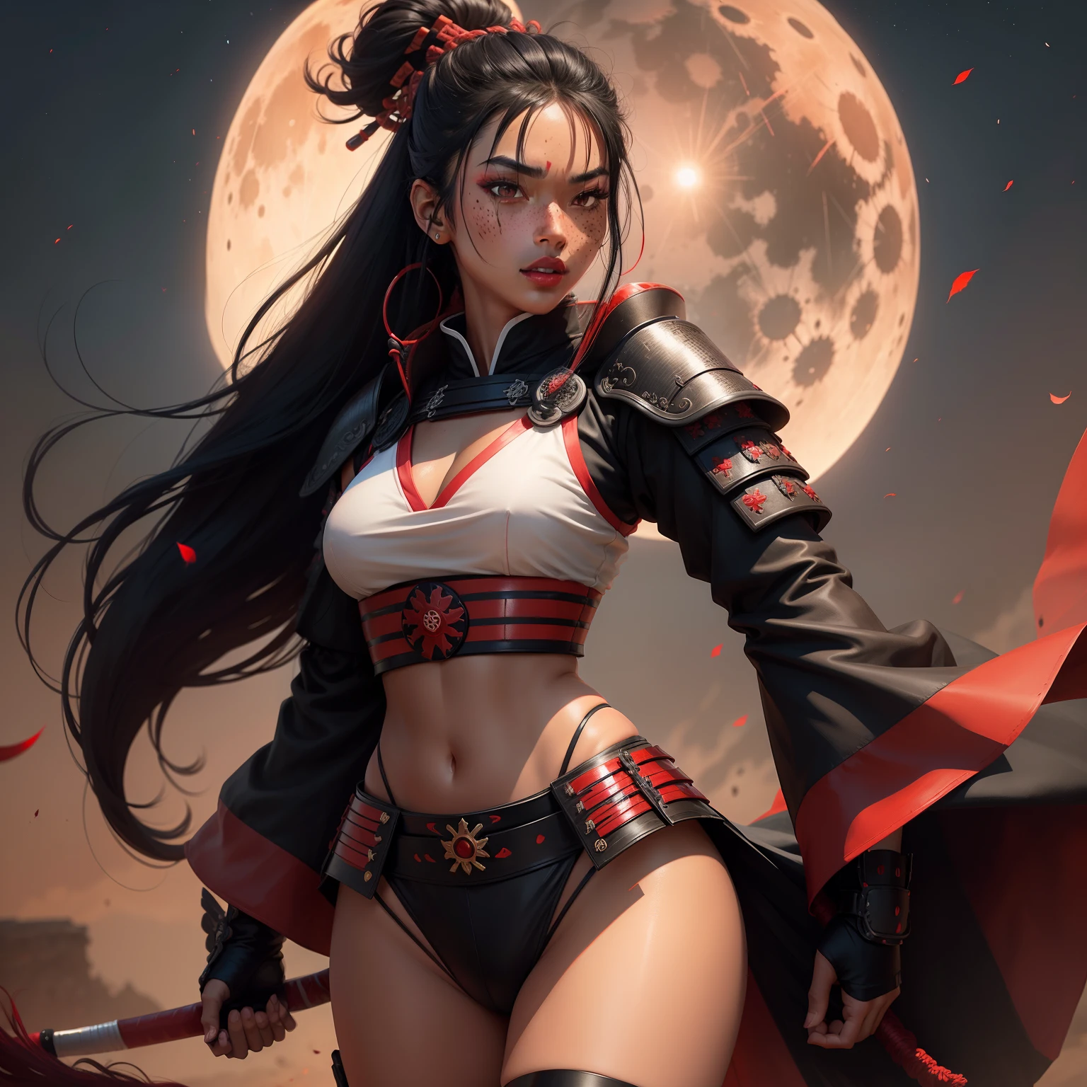 Female samurai warrior, jet black hair, dark skinned tanned, red black, bright moon, freckles on the face, red lipstick, full body