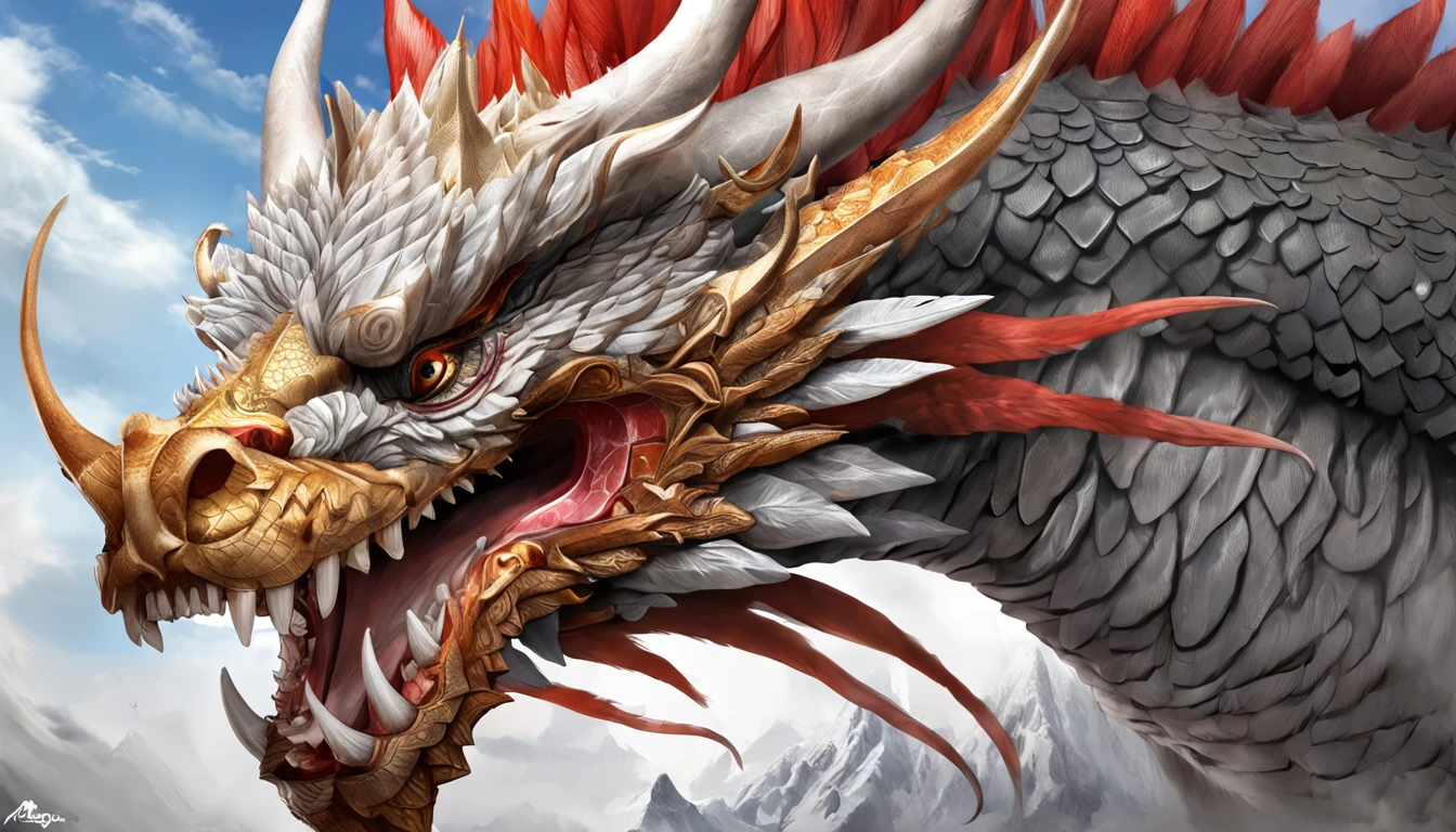super high resolution, Chinese dragon, (length: 1.2), (fine: 1.2), long hair, sharp teeth, red eyes, teeth, huge, bird, outdoor, scales, clouds, horns, sky, open mouth, charge, monster, size difference, white hair, building, valley, (realistic texture: 1.2), (glowing multicolored scales: 1.2), (realistic details: 1.2), hdr, ultra-detailed 3D modeling like Tim Burton, Dale Chihuli, Xiaolongcheng, Cyril Rolando and other authors such as Jr. Giger's style paintings are just as magical. Shadows and lighting intertwine to create brilliant effects., fire, ocean, dragon, bird, cloud, star \(symbol\), paper_cut, (white background:1.1), from behind, illustration, Best quality, masterpiece, (((masterpiece))), best quality