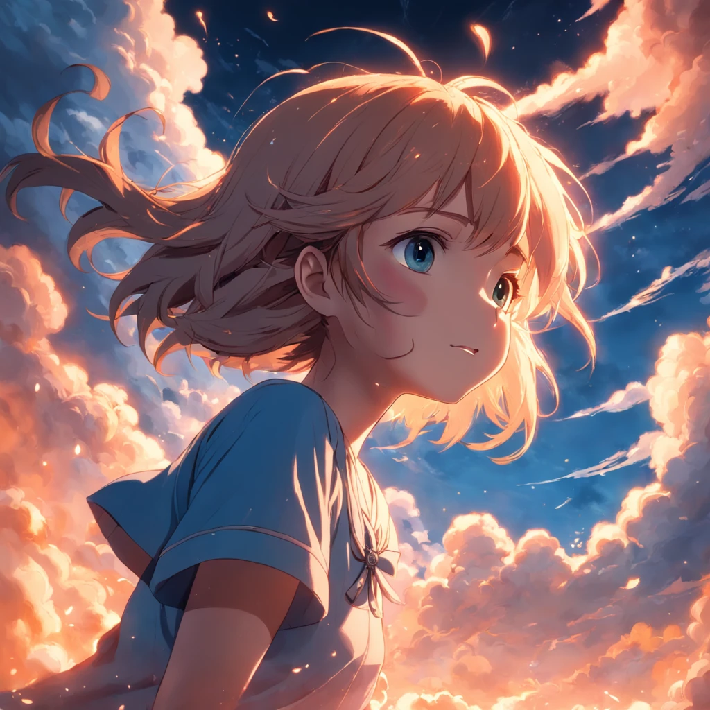 masterpiece, best quality, movie still, 1girl, cloud girl, floating in the sky, close-up, bright, happy, warm soft lighting, sunset, (sparks:0.7)