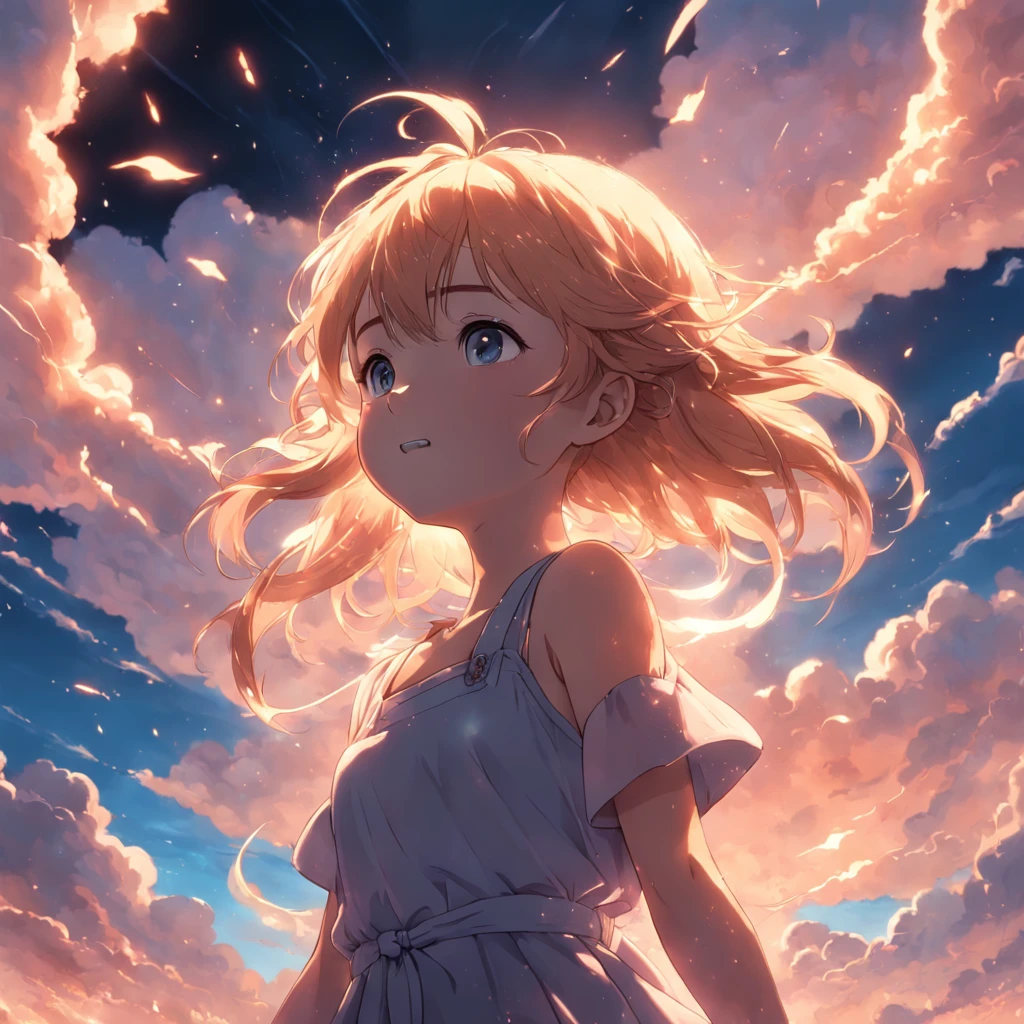 masterpiece, best quality, movie still, 1girl, cloud girl, floating in the sky, close-up, bright, happy, warm soft lighting, sunset, (sparks:0.7)