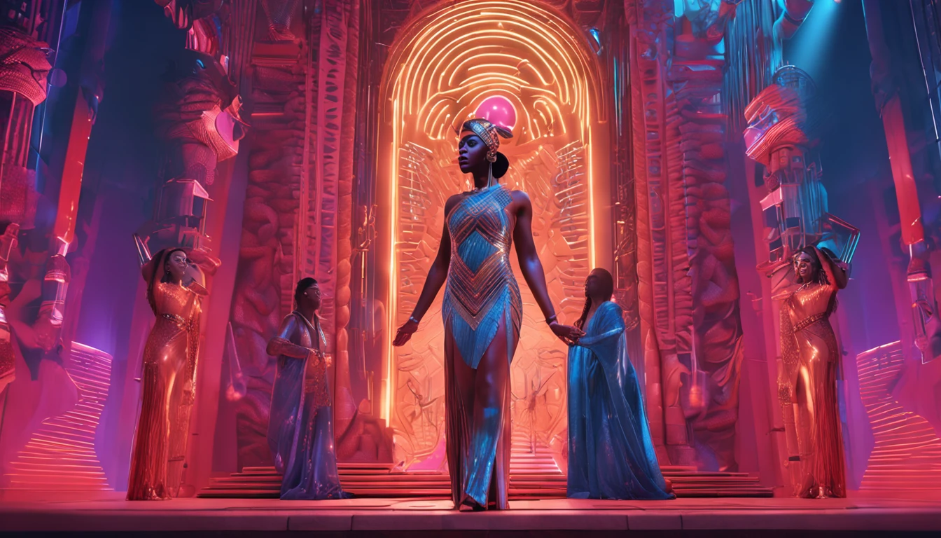 there are three statues of women in a brightly colored room, ash thorp, stunning african princess, ebony art deco, wlop : :, cover art of graphic novel, in style of 3d render, by Jesse Richards, ornate gilded cosmic machine, hi - fructose art magazine, tarot card the empress, vectorial art, erte --auto --s2