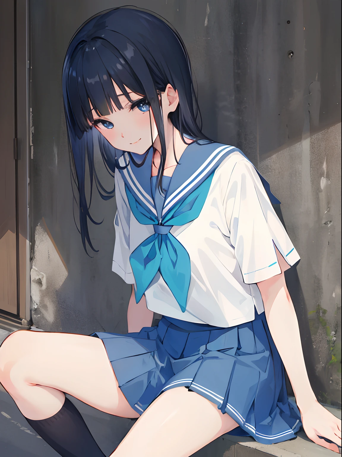 masterpiece, best quality, highres,ym1, 1girl, solo, (((pussy))), school uniform, blue eyes, black socks,, sailor collar, BREAK blue skirt, black hair, blue sailor collar, pleated skirt, blue neckerchief, short sleeves, long hair, white shirt, kneehighs, wristwatch, bangs, BREAK low angle,sitting, no_panties, vulva, smile, wall, 1girl,blunt bangs，kitauji_high_school_uniform