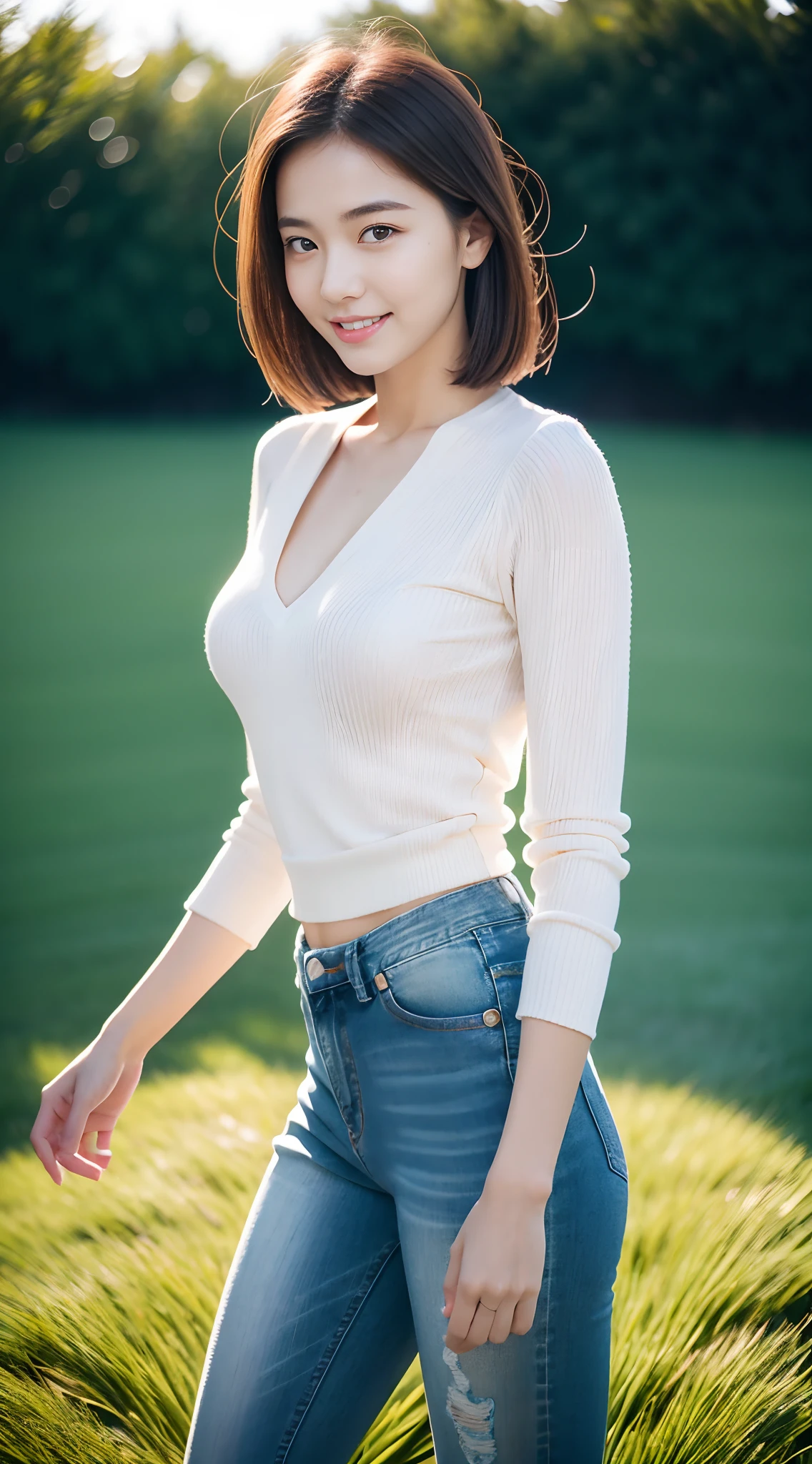(rain, grassy fields: 1.3), 1 beautiful woman taking pictures on the grass,RAW photos,tmasterpiece,(highdetailskin:1.2),8k ultra high definition,digital SLR camera,gentlesoftlighting,high high quality,filmgrain,富士XT3,20 years old Asian woman,Tight undershirt(Slim fit,Fit snugly to the body)and stylish jeans,Detailed clothing details:1.5,perfect body figure,Perfect breasts and nipple bulge,The legs are straight and slender,((Branded fashion travel shoes:1.5)),Melon seed face,detailed hair,Super detailed facial details and skin,Fair face and fair skin,二重まぶた,Super detailed eyes,Sweet smile,Beautiful accessories,detailed finger,(Gloss on lips, eyeslashes, Glossy face, Best quality, Ultra-high resolution, warm color,Wide lighting, naturalshadow), Full body shooting: 1.8