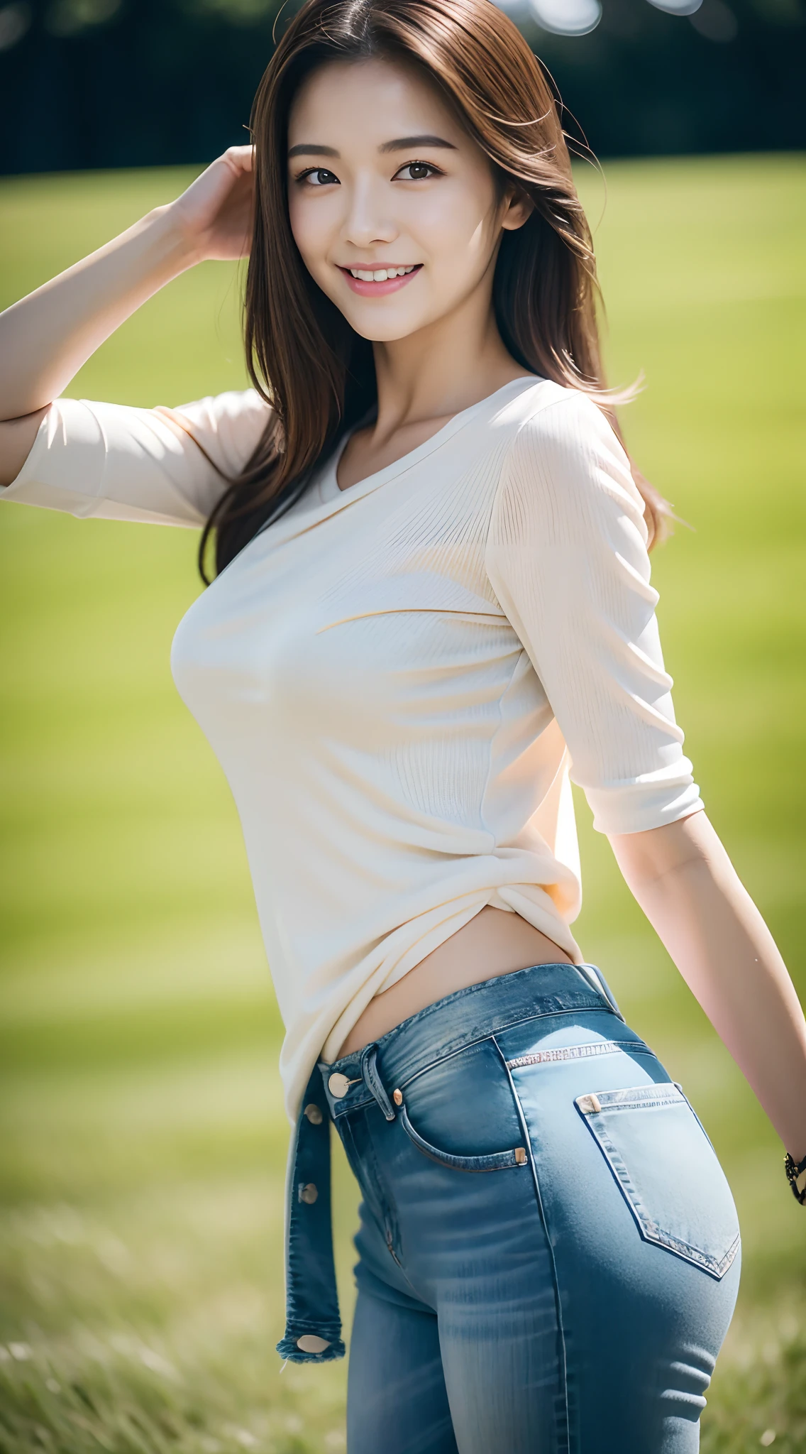 (rain, grassy fields: 1.3), 1 beautiful woman taking pictures on the grass,RAW photos,tmasterpiece,(highdetailskin:1.2),8k ultra high definition,digital SLR camera,gentlesoftlighting,high high quality,filmgrain,富士XT3,20 years old Asian woman,Gray tight-fitting blouse(Slim,Fit snugly to the body)and crop top jeans,Detailed clothing details:1.5,perfect body figure,Perfect breasts and nipple bulge,The legs are straight and slender,((Branded fashion travel shoes:1.5)),Super detailed facial details and skin,Whiten face and whiten skin,二重まぶた,Super detailed eyes,A sweet smile,(Gloss on lips, eyeslashes, Glossy face, Best quality, Super high resolution, warm color,Wide lighting, naturalshadow), sat on the ground,The posture is diverse,Show off your sexy figure, Full body shooting: 1.8