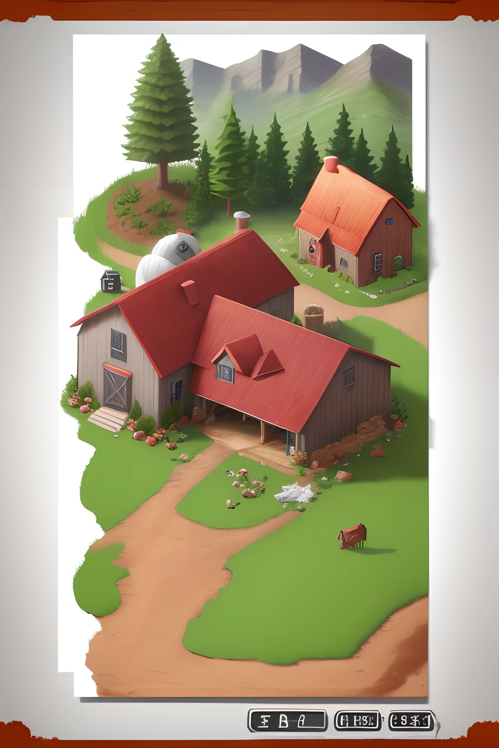 Create a farm with a red dirt road a left climb entrance with a house