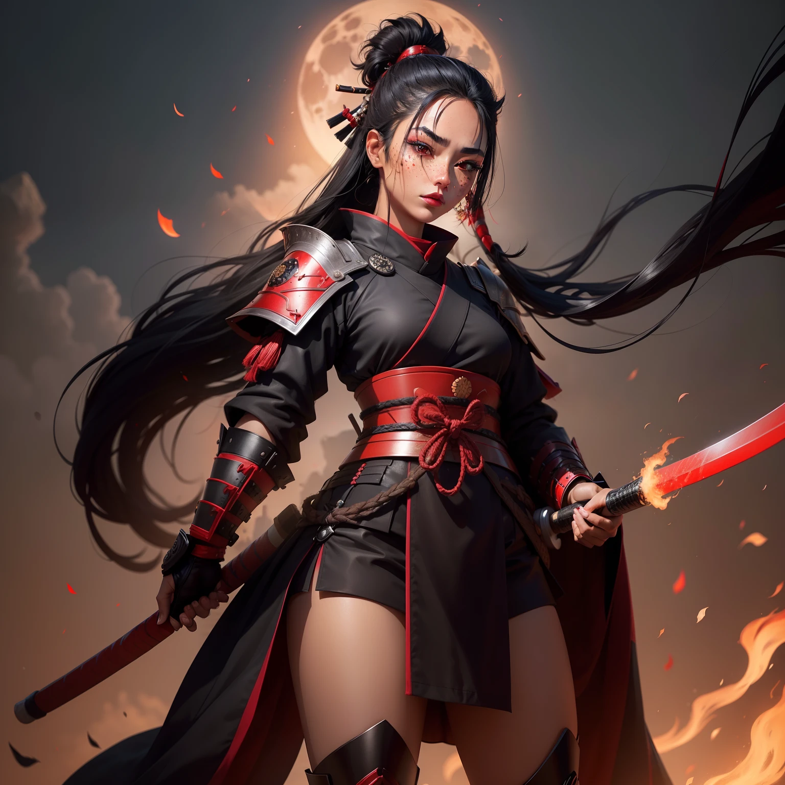 1 girl, alone,and_red_sunset,forehead protector,bandage, whole body,Red eyes, wandiza