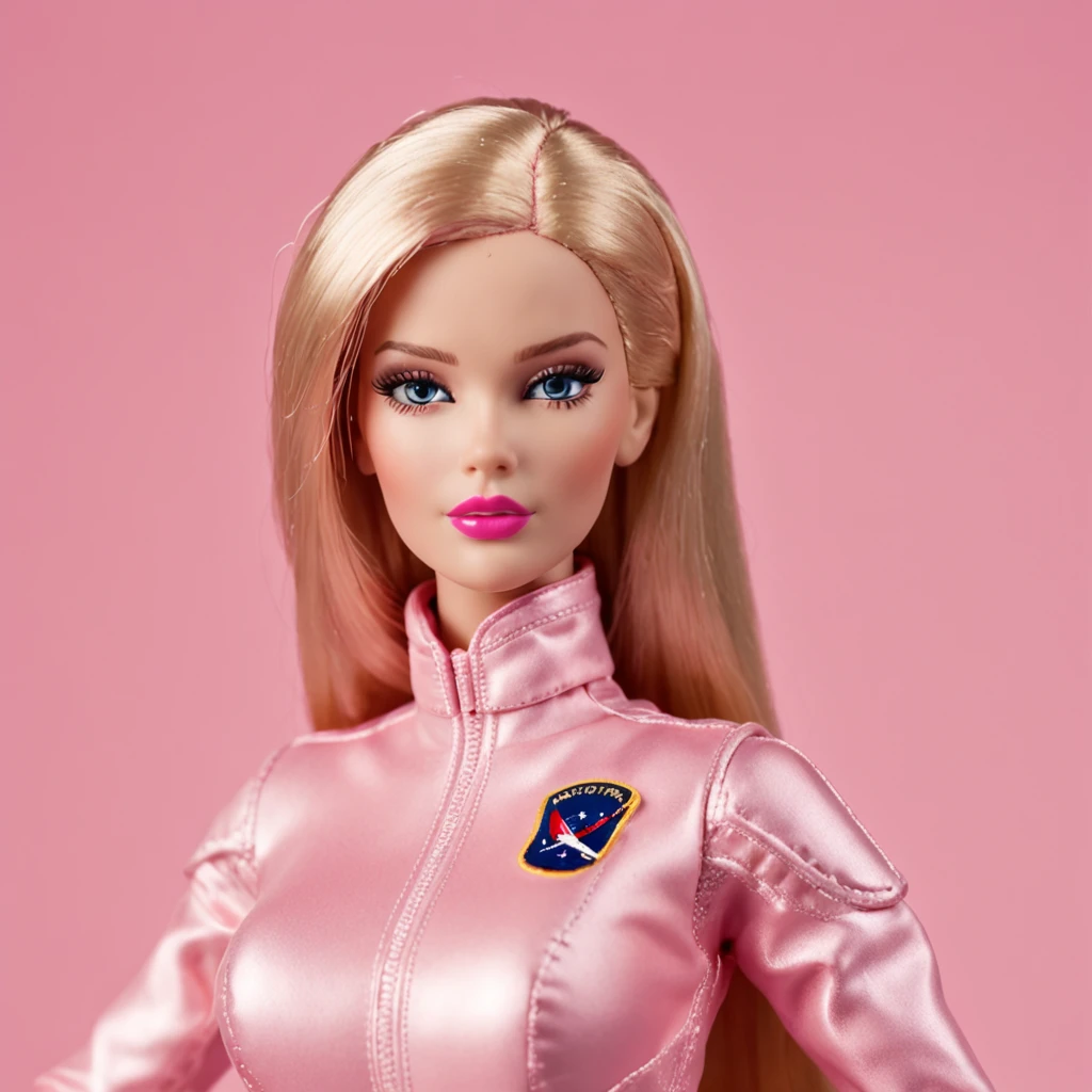 Barbie usando uma roupa rosa futuristica de astronauta, fashion, editorial, fotografia editorial, capa de revista, 4k, boneca, intricate details, fundo rosa. ::n_ low quality, signature, mark, watermark, text, astronaut helmet, deformed, deformed eyes, deformed hands