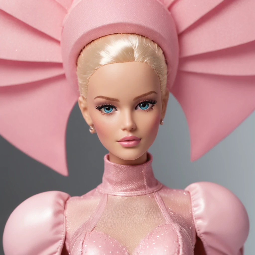 Barbie usando uma roupa rosa futuristica de astronauta, fashion, editorial, fotografia editorial, capa de revista, 4k, boneca, intricate details, fundo rosa. ::n_ low quality, signature, mark, watermark, text, astronaut helmet, deformed, deformed eyes, deformed hands