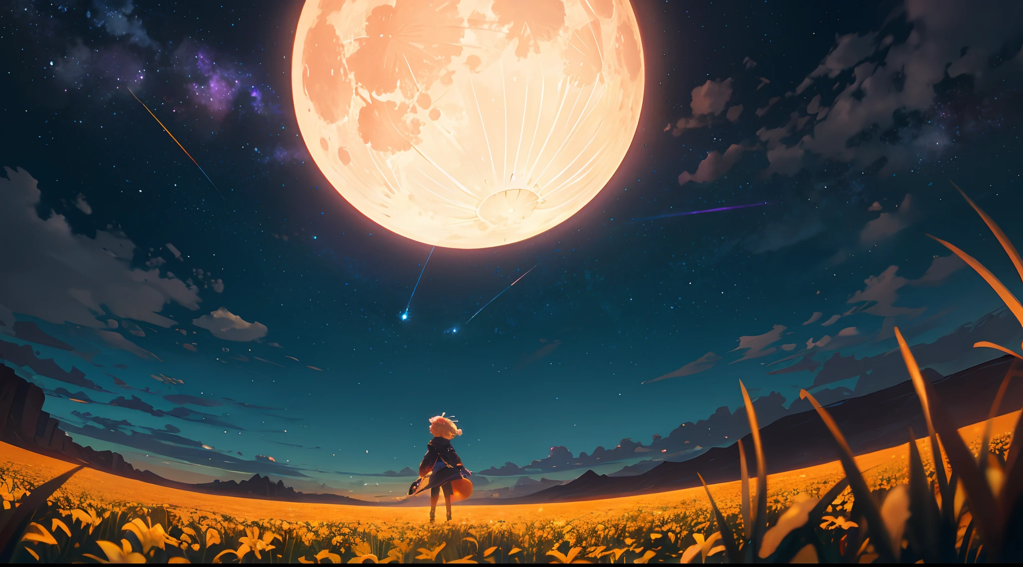 A wide landscape photo, (viewed from below, the sky is above, and the open field is below), a girl standing on a flower field looking up, (full moon: 1.2), (meteor: 0.9), (nebula: 1.3), distant mountains , Trees BREAK Crafting Art, (Warm Light: 1.2), (Firefly: 1.2), Lights, Lots of Purple and Orange, Intricate Details, Volumetric Lighting BREAK (Masterpiece: 1.2), (Best Quality), 4k, Ultra Detailed, (Dynamic Composition: 1.4), Rich in Detail and Color, (Rainbow Color: 1.2), (Glow, Atmospheric Lighting), Dreamy, Magical, (Solo: 1.2)