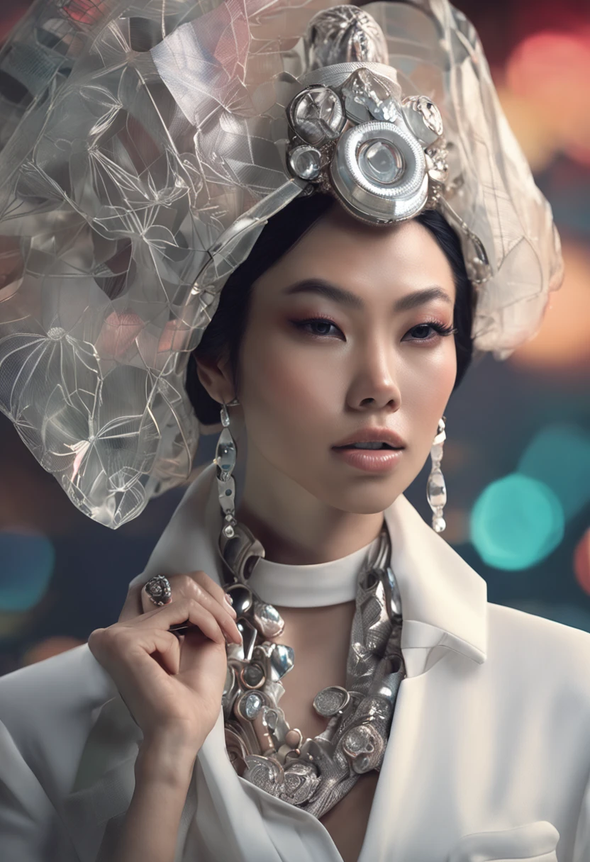 Portrait photography, by artgerm, Thai female is shown in an intelligently stylized fashion photograph, fashionable headwear, inspired by a top model, intelligent use of composition, inspired by Yanjun Cheng, inspiring use of textures, mother of pearl iridescent, unique repeating patterns, holographic white, realism --ar 3:4 --chaos 4 --niji 5 --q 2 --upbet