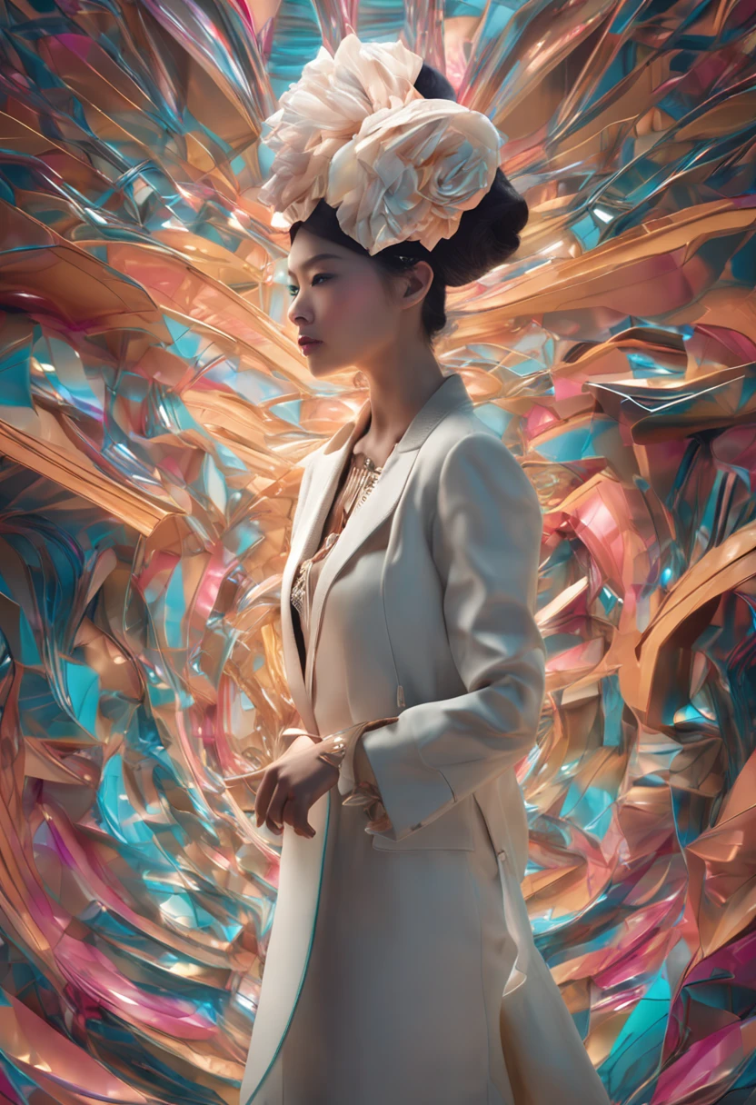 Portrait photography, by artgerm, Thai female is shown in an intelligently stylized fashion photograph, fashionable headwear, inspired by a top model, intelligent use of composition, inspired by Yanjun Cheng, inspiring use of textures, mother of pearl iridescent, unique repeating patterns, holographic white, realism --ar 3:4 --chaos 4 --niji 5 --q 2 --upbet