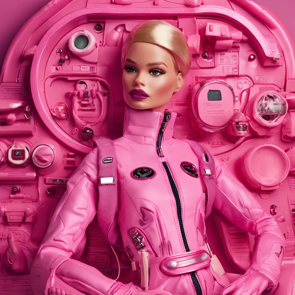 Barbie usando uma roupa rosa futuristica de astronauta, fashion, editorial, fotografia editorial, capa de revista, 4k, boneca, intricate details, fundo rosa. ::n_ low quality, signature, mark, watermark, text, astronaut helmet, deformed, deformed eyes, deformed hands