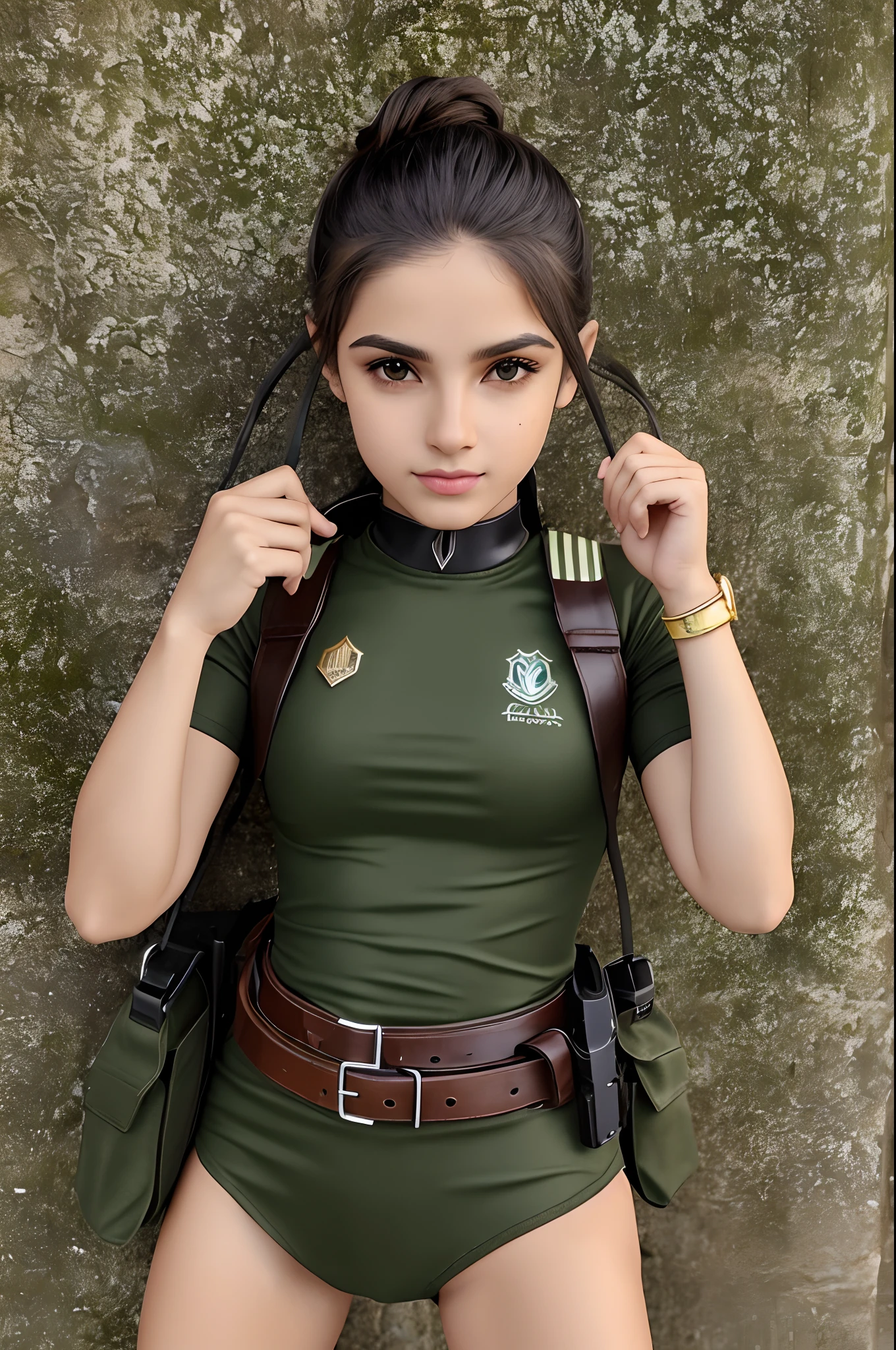 1 Mulher segurando uma pistola 9x19mm, Camisa regata em V de cor preta verde musgo, short curto camuflado de cores escuras, Leather belt with tactical leg holster, 2 bolsos de couro no cinto, Athletic lean body, lean athletic body, ((seio pequeno, peito pequeno)), Bracelete de armadura em couro marrom, mini computador de pulso no bracelete, Cabelos liso e preso com franjas separadas, Olhos cor ambar, pele branca, bota de couro preto, rosto perfeito e delicado de mulher