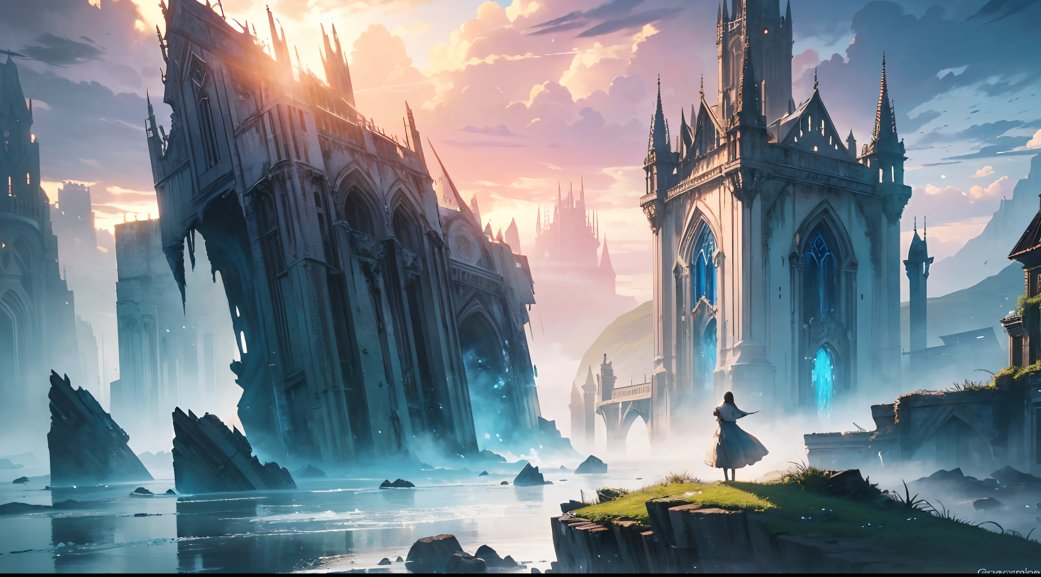 (by Greg Rutkowski: 1.2), (masterpiece), (best quality), extremely delicate and beautiful, illustration, (fantasy landscape), A mesmerizing fantasy landscape with enchanting elements blending seamlessly. (Majestic collapse ruin on the ocean), (almost submerge), The sky is awash with hues of blue with view clouds. A sense of tranquility and wonder fills the air, inviting exploration and discovery, depth of field, HDR, intricate, delicate