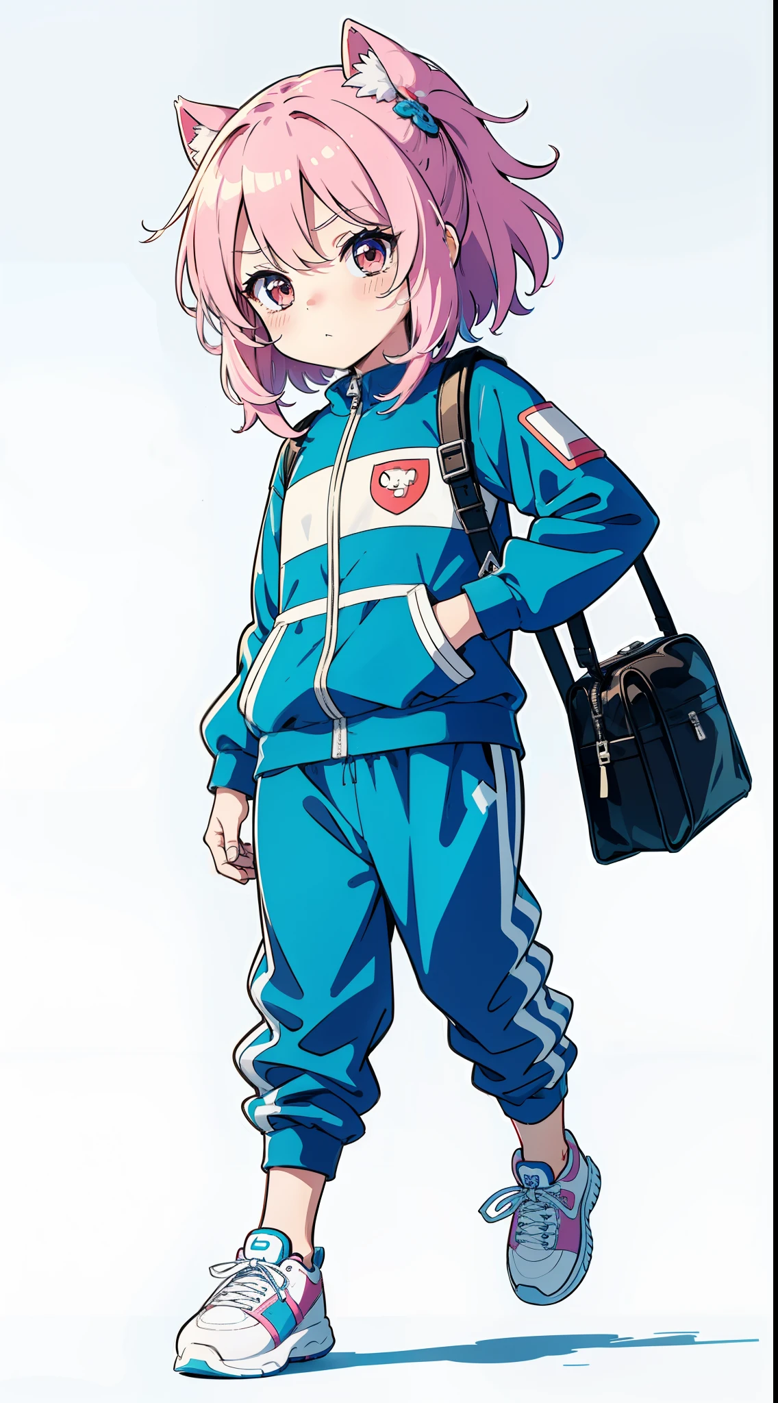 Chirklen's coloring page, My play toy character, Cartoon style, Thick lines, low detail, no shade, Graphic design, Chibi pencil sketch, Toy characters, A super cute kid, Wearing track suit, Fluffy hair, Big shoes, Inflatable shoulder bag, Minimalist, Populate the image, Front-view display. --Niji 5 --Stylistic Expressiveness --S 400