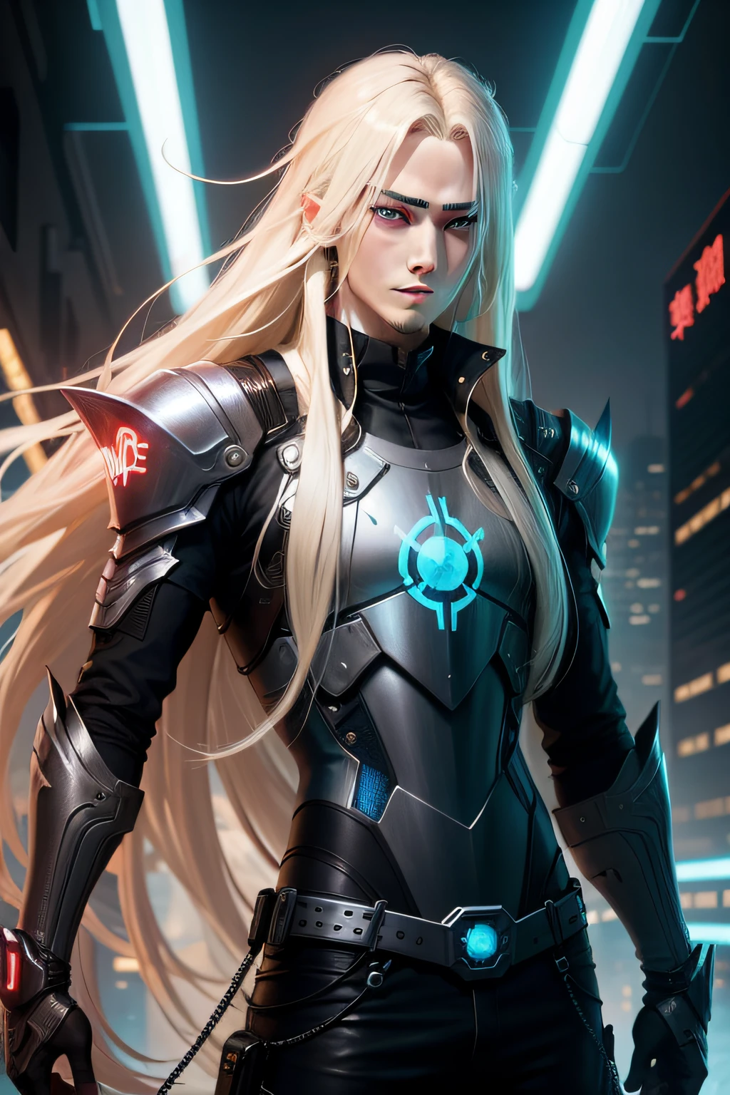 long whitr hair,blond hairbl,blueneyes,Cyberpunk style,Genki Knight background,His name is Deng Zhepei