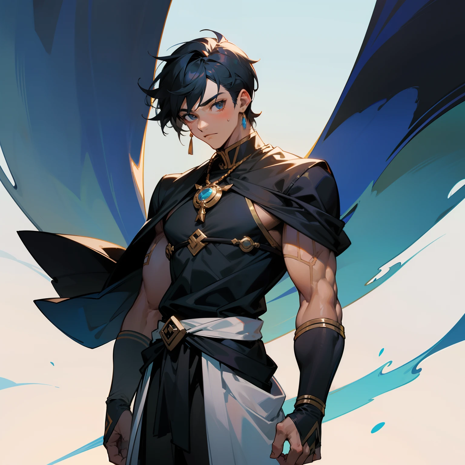 Imagem frontal de um personagem masculino jovem, olhos azuis, Young warrior prince, com roupas medievais rpg, black gradient haircut, musculoso, fisicamente forte, Physical Bodybuilding, Vibe Sombria. Personagem arrogante. Background tempestade de raios.