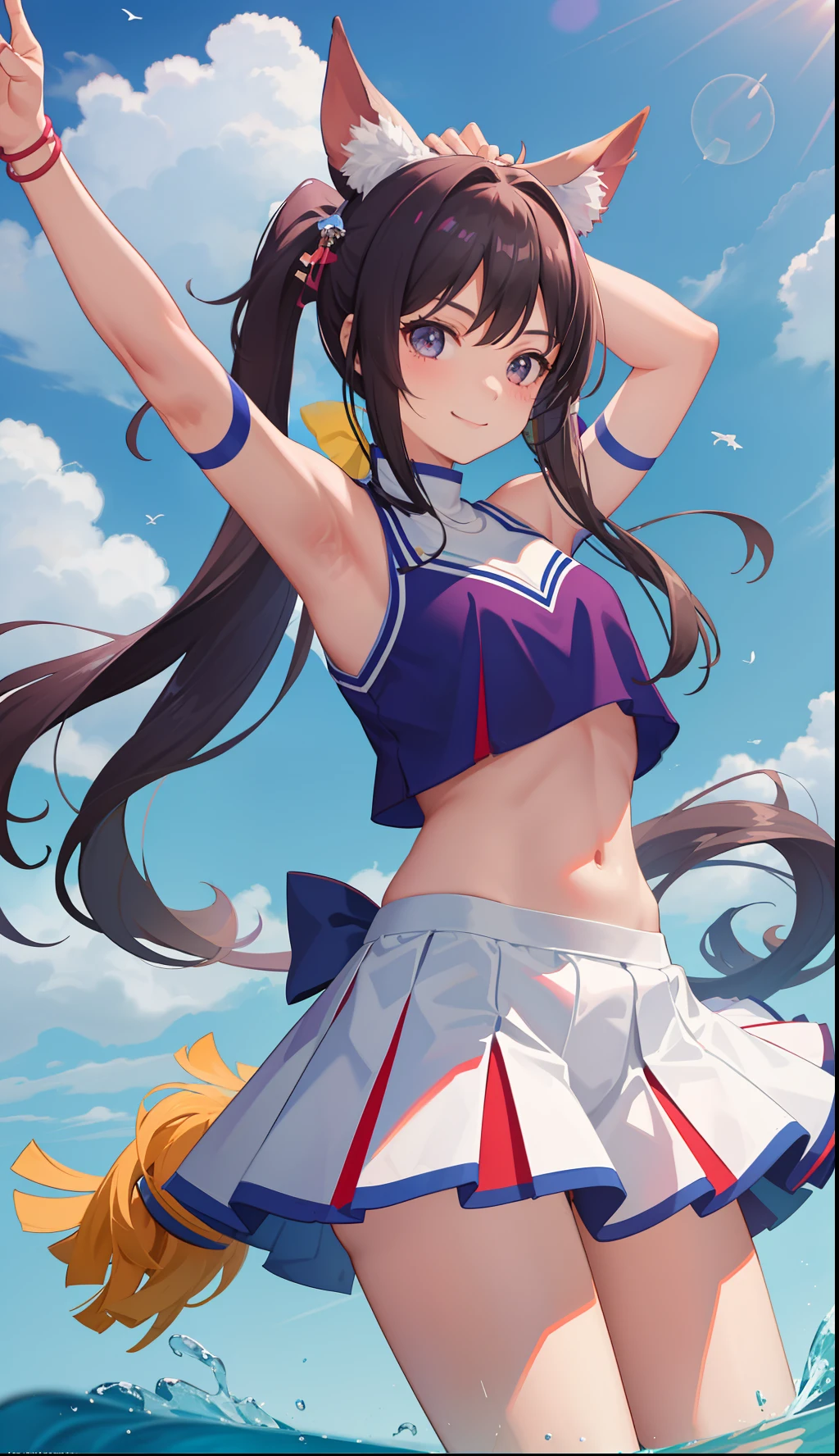 1girl in、A smile、cheering party、a miniskirt、cheerleaders、poneyTail、((small tits))、