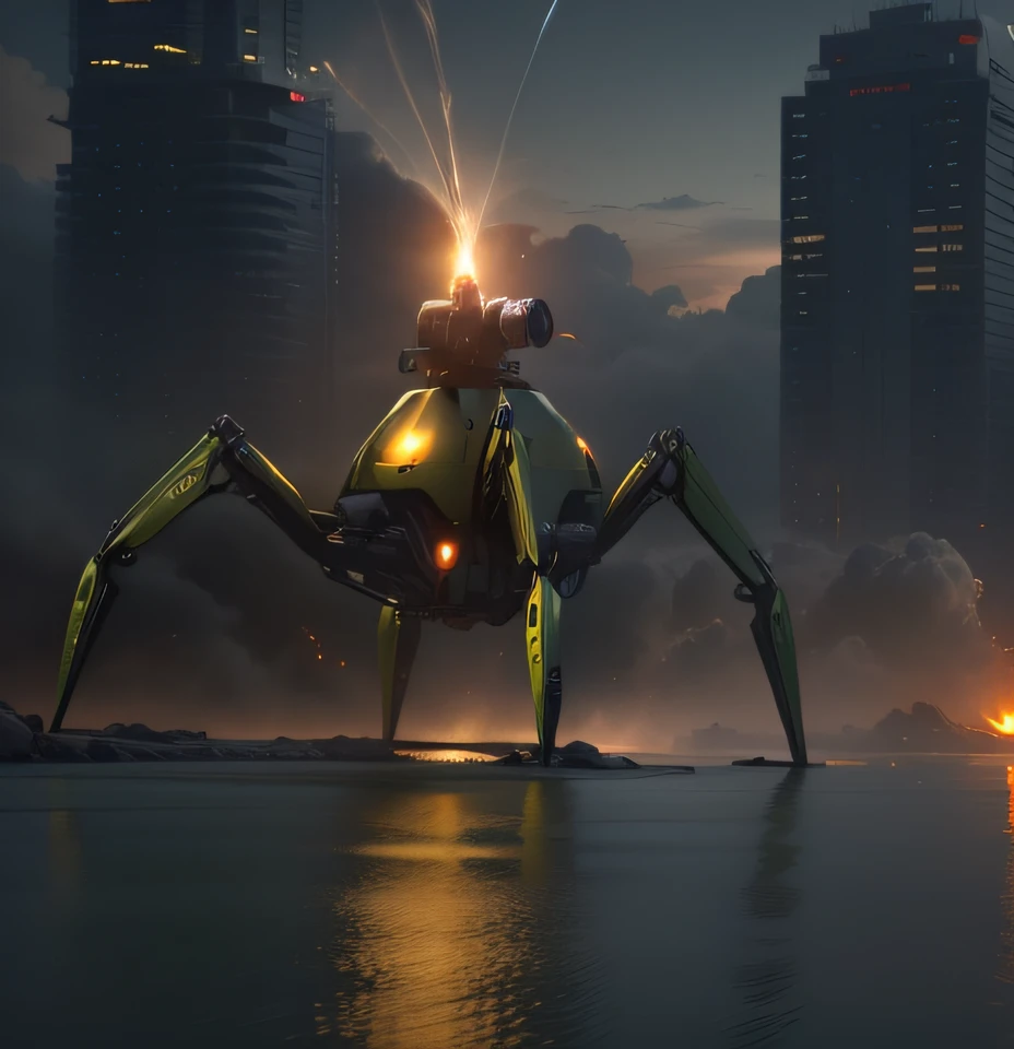 ((Best quality)), ((Masterpiece)), (Highly detailed: 1.4), (hyper-realistic), ((Best quality)), ((Masterpiece)), (Highly detailed: 1.3), (realistic), (Photorealistic), (high dynamic range), 8K, Highly detailed, ultra high resolution, keep the idea, keep the shapes, mechanical, robotic, cyborg spider, it has four mechanical, robotic, olive-green mate metal legs, its body is made of olive green metal mate, it has a small radar antenna on top. background image, modern city, low light, sunset, smoke, fire