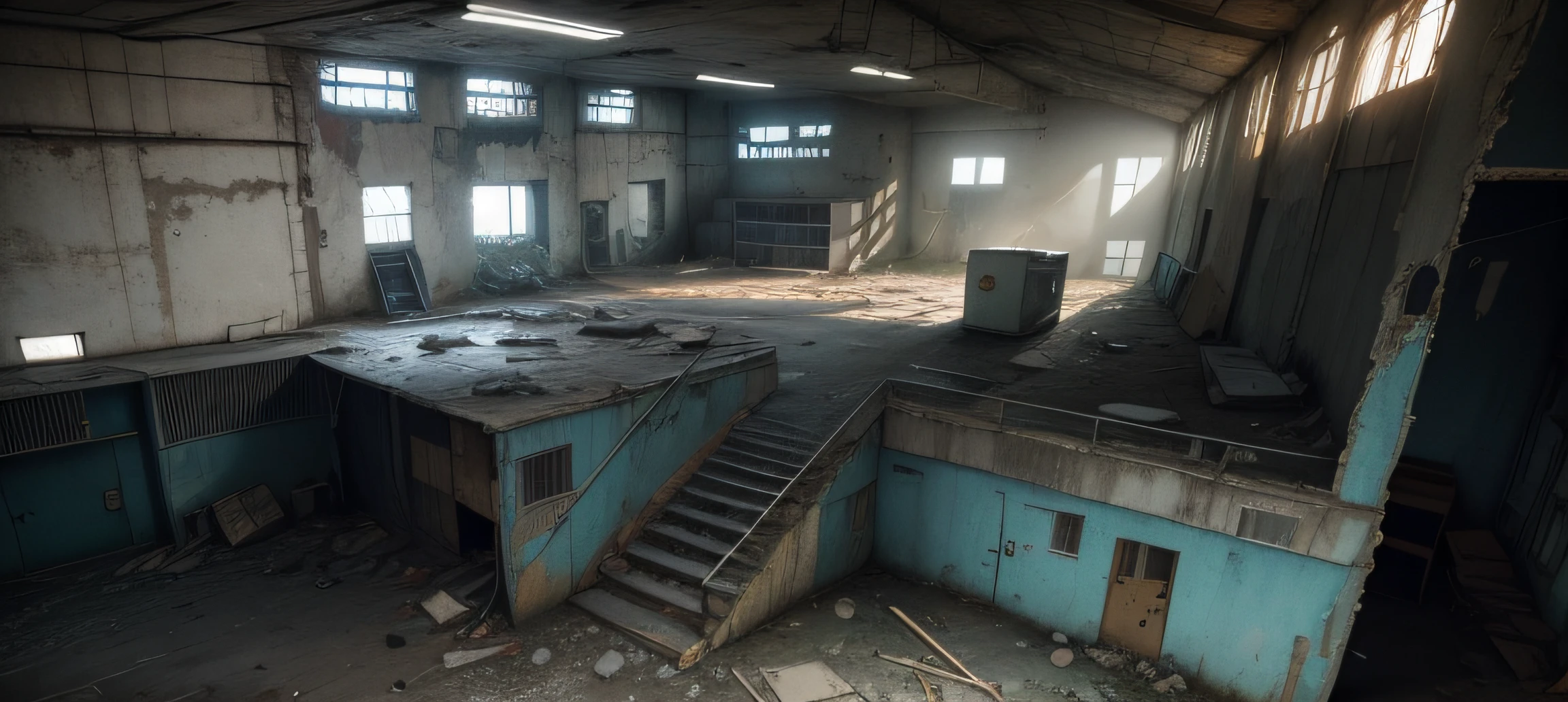 Counter-Strike game background image，Inside an abandoned factory，An atmosphere of rundown and frustration，low-saturation，Pictures should not have too many colors，No characters need to appear in the picture，No characters are required，Horizontal version，The main color does not change，Vignetting is added to the picture