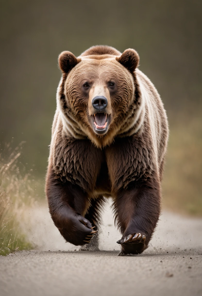 A grizzly bear charging towards the camera in a dramatic way, cinematic, dramatic,600mm 2.8, angry,viscous