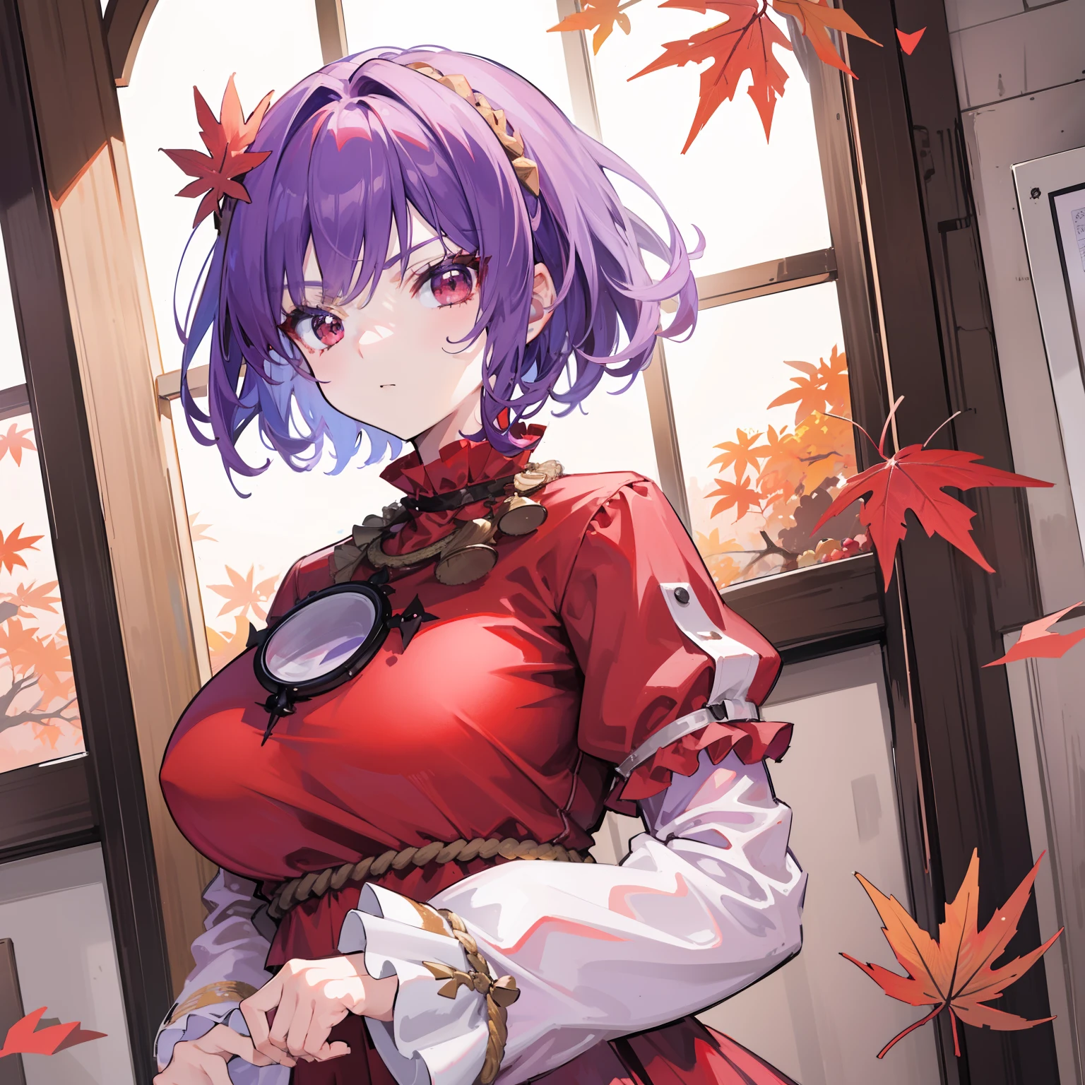 masterpiece, fine detail, 4k, 8k, 12k, solo, 1 person, beautiful girl, white female, Kanako Yasaka, purple hair, short hair, red eyes, red clothes, big breasts, shrine, indoors, hair blowing in the wind, autumn leaves