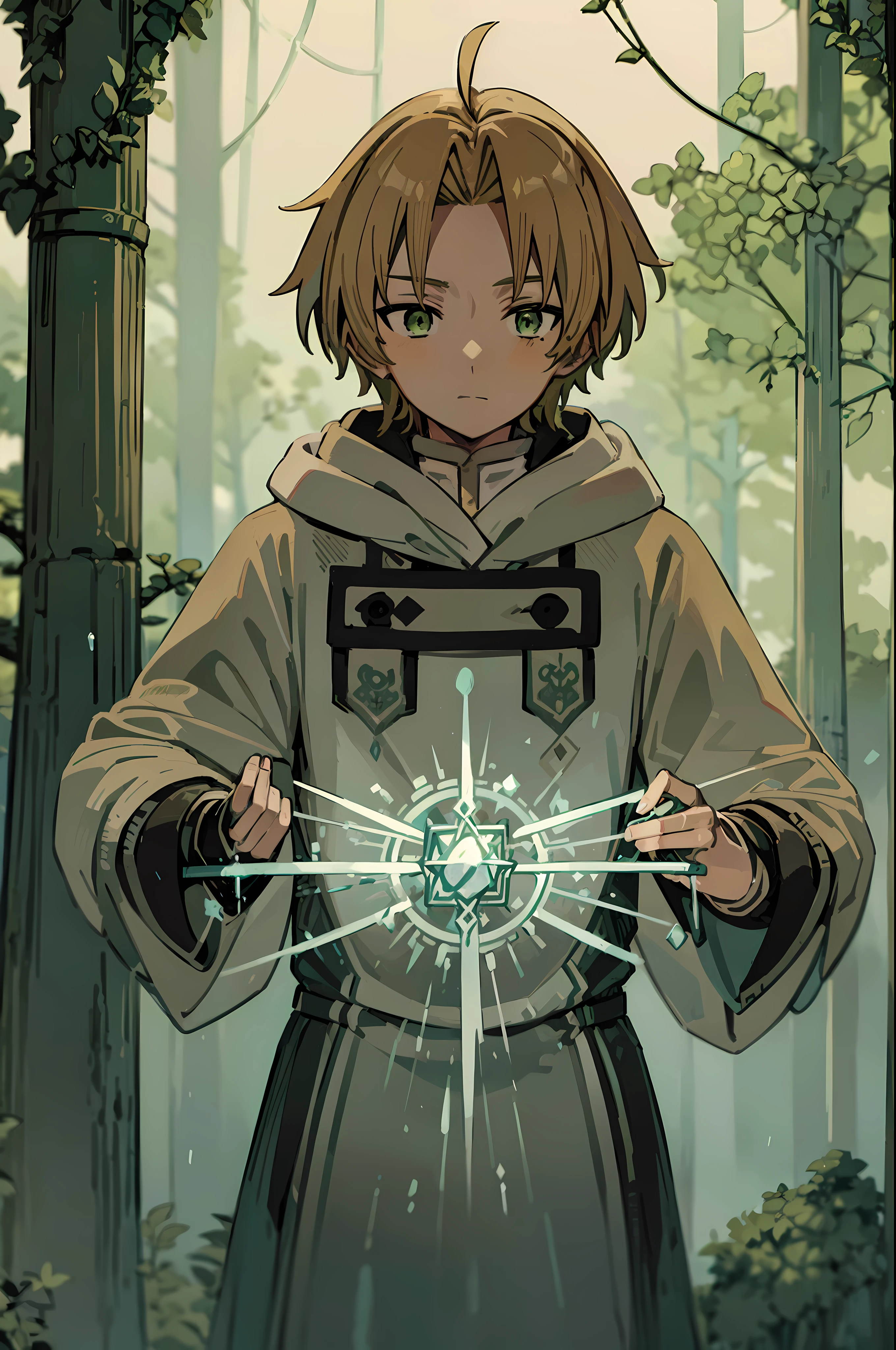 tarot card, rudeus_greyrat, green eyes, blonde hair, gray robes, white shirt, magician, mage, standing, (holding magic staff), magic, (water bending, using abilities), forest, upper body, ((masterpiece)), high detailed illustration, high detailed background, hi-res