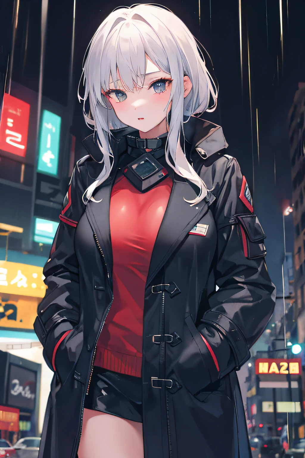 1girl, night city,rain, coat, hands in pockets, big breast