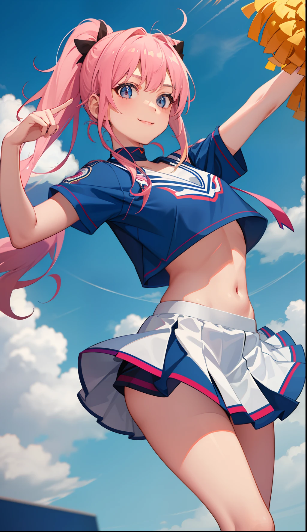 1girl in、A smile、cheering party、a miniskirt、cheerleaders、poneyTail、（（small tits））、