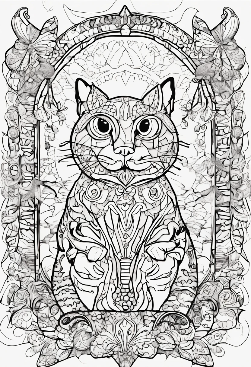 Black and white illustration with strong lines and a children's coloring page look. o desenho deve conter um gato envolvido em mandalas, to be hand colored after printed, Make sure there is no noise and that the lines are thick and sharp like contour art, (((pose interagindo e se apoiando [em uma objeto|em algo no ambiente]))), Change the aspect ratio to 2:3 e foco em um quadro vertical da imagem."((corpo inteiro):1.5). 16k, UHD, best possible quality, ((best possible detail):1), best possible resolution, Motor Unreal 5, fotografia profissional, ((Batman)), perfeito_Hands, (perfeito:1.2)