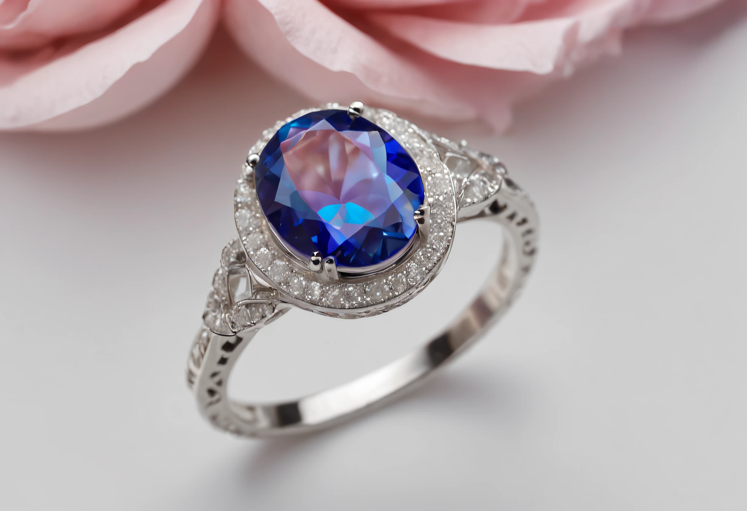 {style: {hyper realism}, {photorealistic}, {macro zoom:1.3}, {large size}, {hyper detailed}, {hyper resolution}, {hyper quality, 16}:1.3
 (theme: ((close-up of a gemstone ring)), (full ring), ((ring standing diagonally:1.2)), ((near top view)):1.2, ((large size: 1.2)), ((1 larger shiny stone and other smaller ones around it)), ((color stones mixing between red/+blue/+pink/+purple/+shiny)), macro zoom, ((ring frame is crystalline silver ring)), magic ring, jewelry, (colorful shiny gemstones inlaid in the ring), (purple/+pink tones background), (background blur:1.2), (ring reflection on background floor), jewelry detailed, 16k hyper detailed ring).  [attributes: [macro view]:1.2, [fantastic ring], [super bright], [divine aspect ring]:1.2, [big size], [zoom], [detailed realistic gems], [detailed realistic ring]: 1.2, [crystalline silver ring frame]:1.2, [perfect ring], [blur].  Effect: "Volume lighting", "depth of field", "great shutter aperture", "better shutter speed", "good sharpness", "anti-aliasing", "great RAW camera", "good curves and levels" , "nice sharpen", "nice Guassian Blur filter", "great unsharp mask for depth of field effect and detail enhancement", (octane rendering)", "professional shading", "soft dynamic light" "soft shadows:" , "dynamic shadows", "cinema toning", "midjourney style v5.2", "steady diffusion", "background blur effect", "gloss blur" "overall sharpness", professional focus mode", "post- professional production", "Fujifilm XT3 film grain".