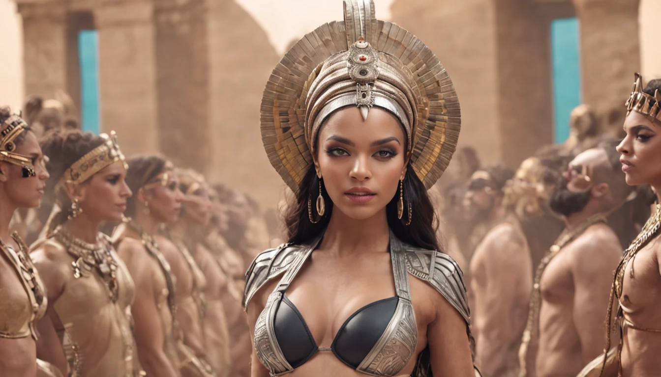 A magnificent illustration of a female Creopath woman of the Pharaoh DJ on an elevated stage, surrounded by a multitude of fellow beings. Her short, stylish outfits, combined with the DJ headphones and revealing cleavage, create an exciting electronic atmosphere as she plays tunes for her fellow species.