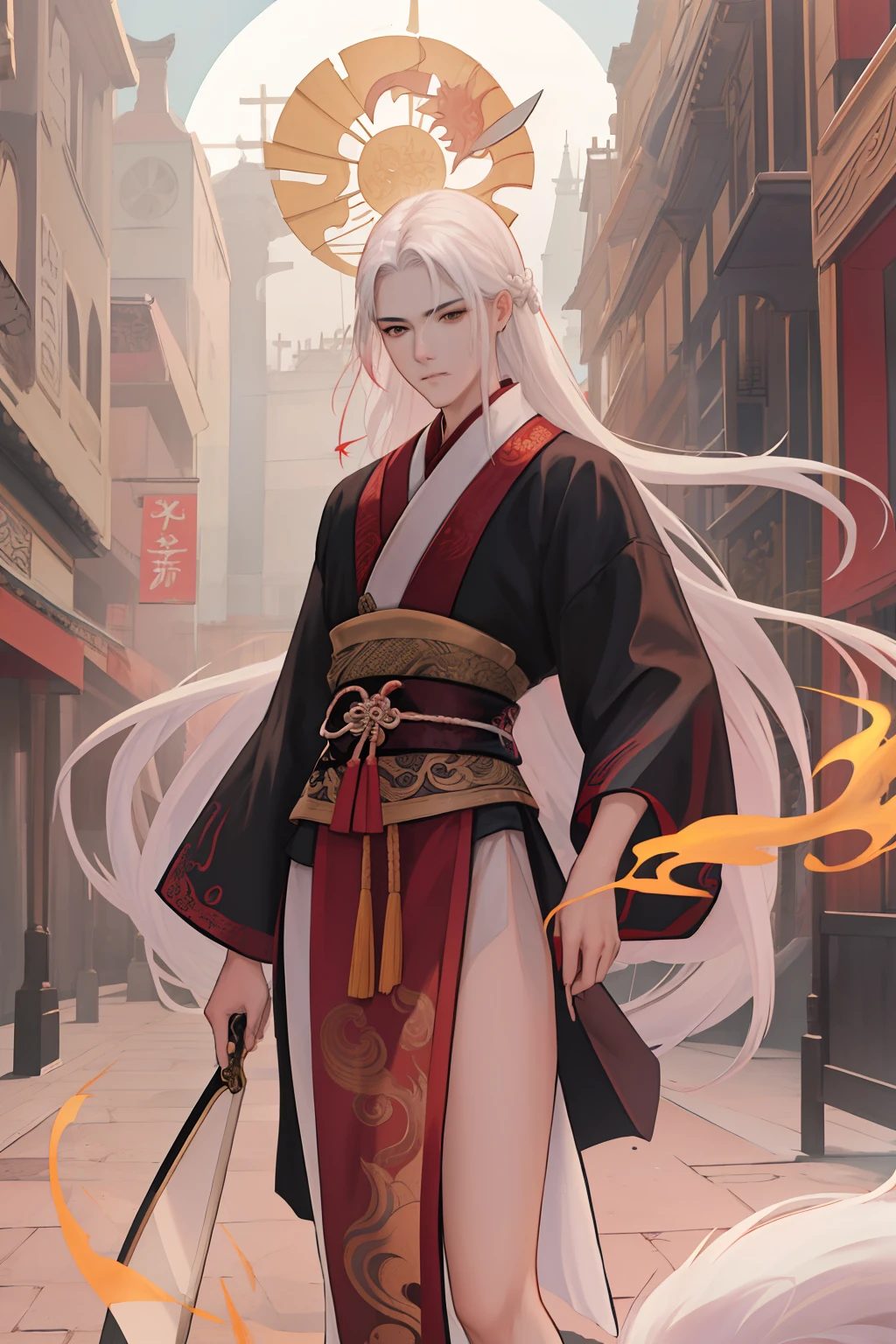 NSFW, obra-prima, melhor qualidade, ultra-detalhado, semi-realista, detailedfacialfeatures, 2 Mulheres ,usando roupas ancestrais wuxia,cabelos brancos bastante compridos,olhos frios negros,beleza inigualavel, Females, Fox Breed Nine Tails,mulheres sensuais,voluptuosas,sexy donzelas,poderosas,roupas wuxia que valorizam seus corpos,arrogantes,standing in an imposing pose holding in his left hand a distinctive thin-bladed sword;
