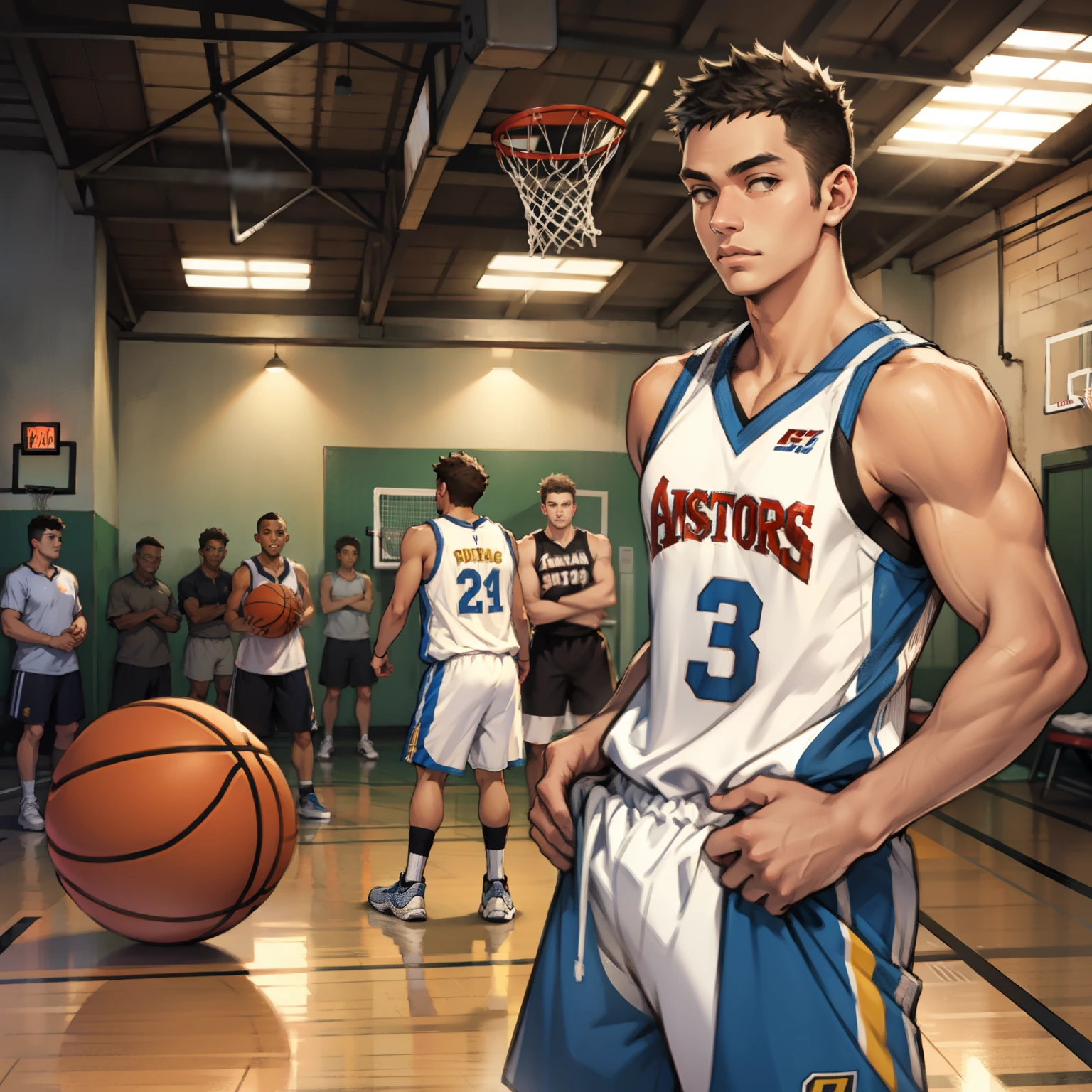 2 boy, twink, handsome, his skin is light tropical Latin, his hair is black with a graduation cut and the sides in high fade, he wears blue and black basketball clothes, we can see the image in full showing him full body, the background is solid black.