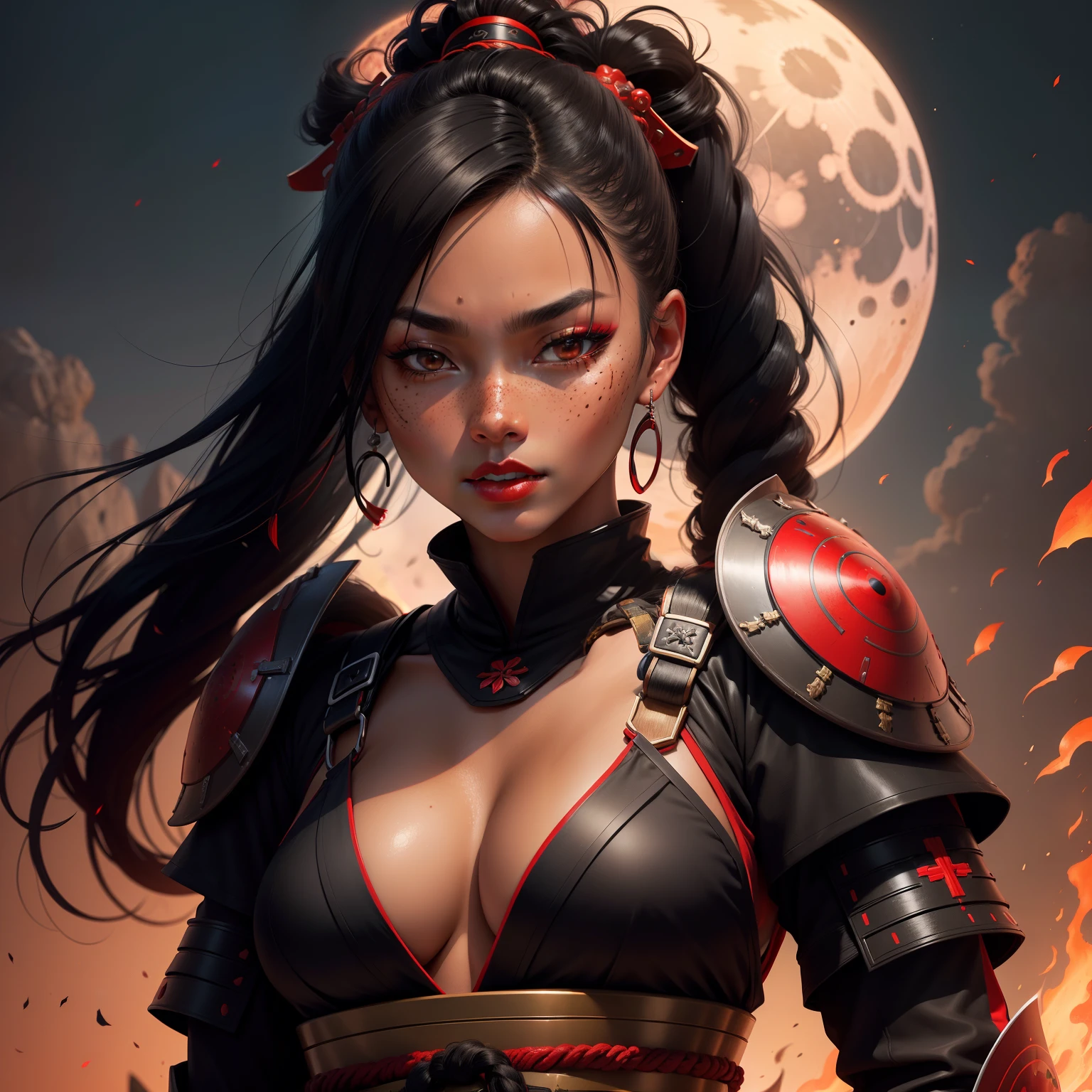 Female samurai warrior, jet black hair, dark skinned tanned, red black, bright moon, freckles on the face, red lipstick, full body
