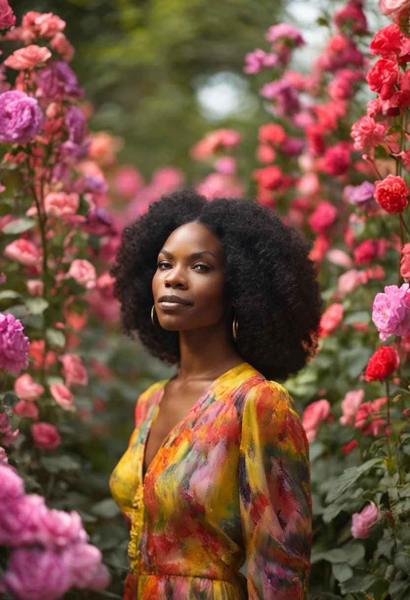(Beauty shot:1.3) photo of a beautiful black young woman, wearing dress, standing, upper body framing, in a flower garden, with diffused lighting, from a eye level, shot on a Hasselblad 500CM with a Voigtlander Nokton 50mm f1.1 lens, in the style of (Richard Avedon:1.4)