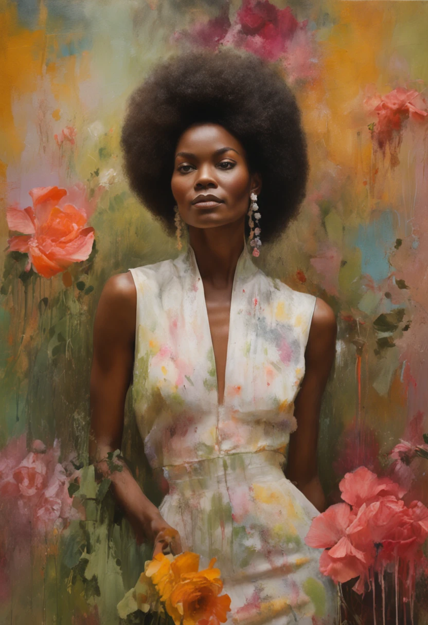 (Beauty shot:1.3) photo of a beautiful black young woman, wearing dress, standing, upper body framing, in a flower garden, with diffused lighting, from a eye level, shot on a Hasselblad 500CM with a Voigtlander Nokton 50mm f1.1 lens, in the style of (Richard Avedon:1.4)