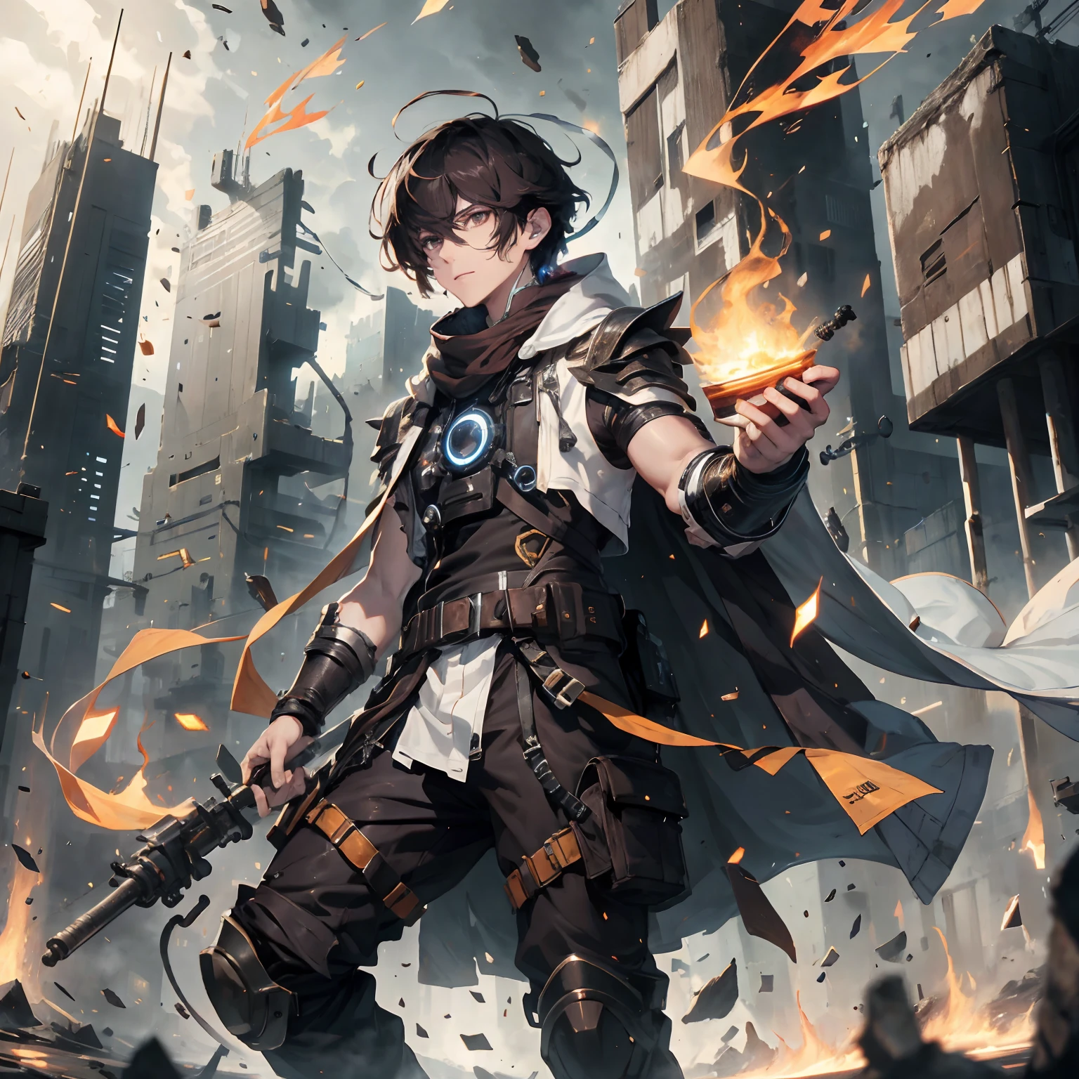 (absurdres, highres, ultra detailed), masterpiece, best quality, real light and shadow, solo, full body,a boy with dark brown hair, sleeveless outfits, handsome, bipedal, full pants, flames, fire power, burn, fire hands ,white clothes, buff, finely eye, detailed face, detailed eye, scarf, white coat, white clothes, arm braces, futuristic technology, from below, look down, futuristic earpiece,futuristic city, fire background, swirl, spark, superhero landing shot, BREAK, dark brown eyes