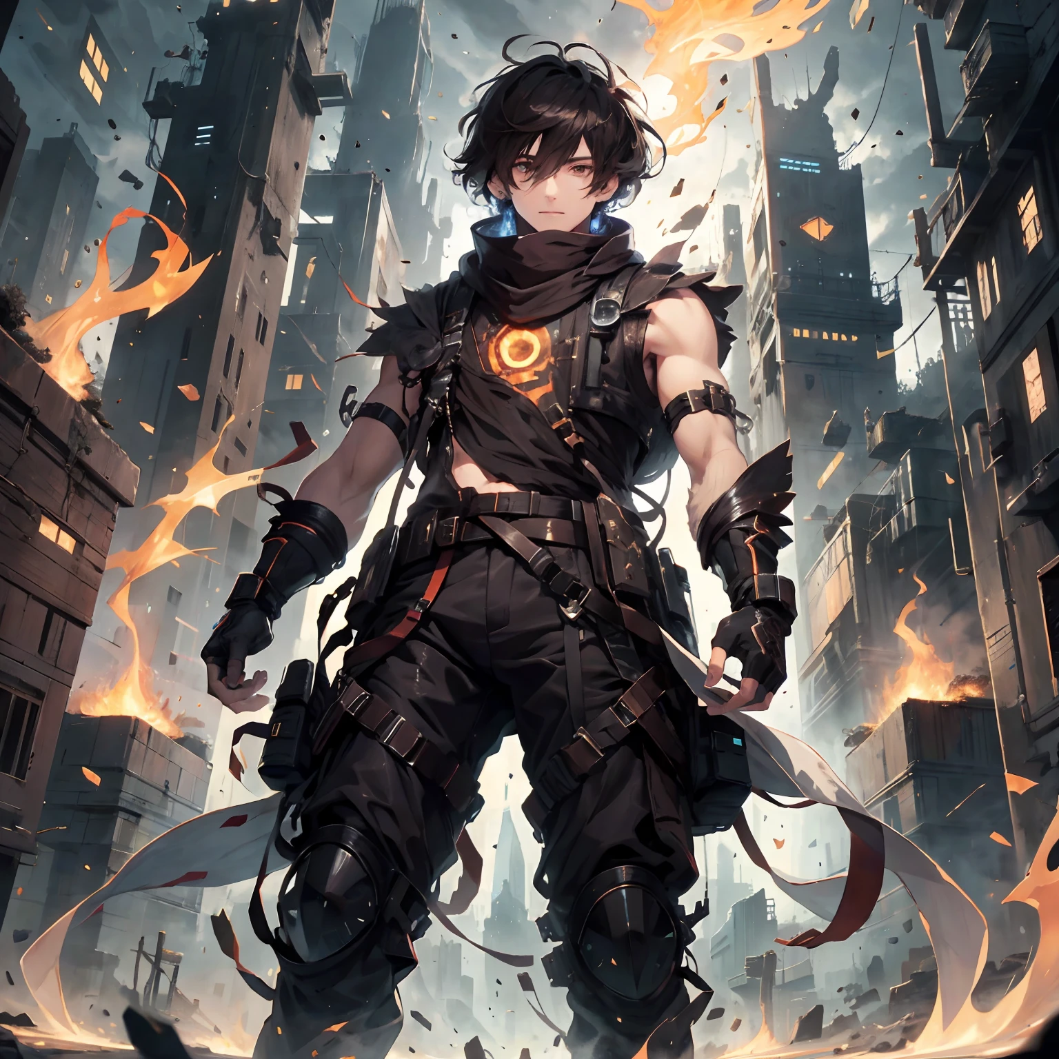 (absurdres, highres, ultra detailed), masterpiece, best quality, real light and shadow, solo, full body,a boy with dark brown hair, sleeveless outfits, handsome, bipedal, full pants, flames, fire power, burn, fire hands ,white clothes, buff, finely eye, detailed face, detailed eye, scarf, white coat, white clothes, arm braces, futuristic technology, from below, look down, futuristic earpiece,futuristic city, fire background, swirl, spark, superhero landing shot, BREAK, dark brown eyes