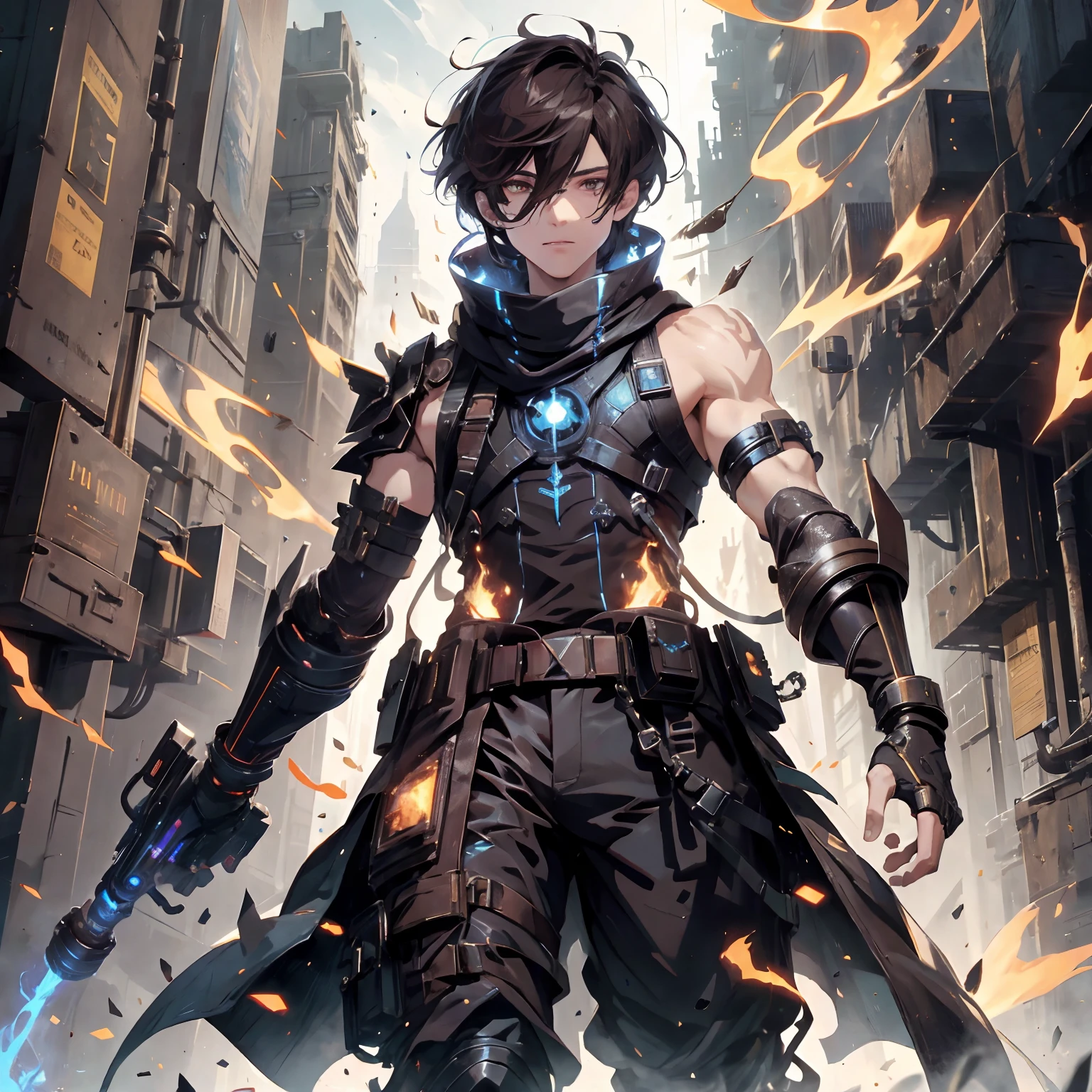 (absurdres, highres, ultra detailed), masterpiece, best quality, real light and shadow, solo, full body,a boy with dark brown hair, sleeveless outfits, handsome, bipedal, full pants, flames, fire power, burn, fire hands ,white clothes, buff, finely eye, detailed face, detailed eye, scarf, white coat, white clothes, arm braces, futuristic technology, from below, look down, futuristic earpiece,futuristic city, fire background, swirl, spark, superhero landing shot, BREAK, dark brown eyes