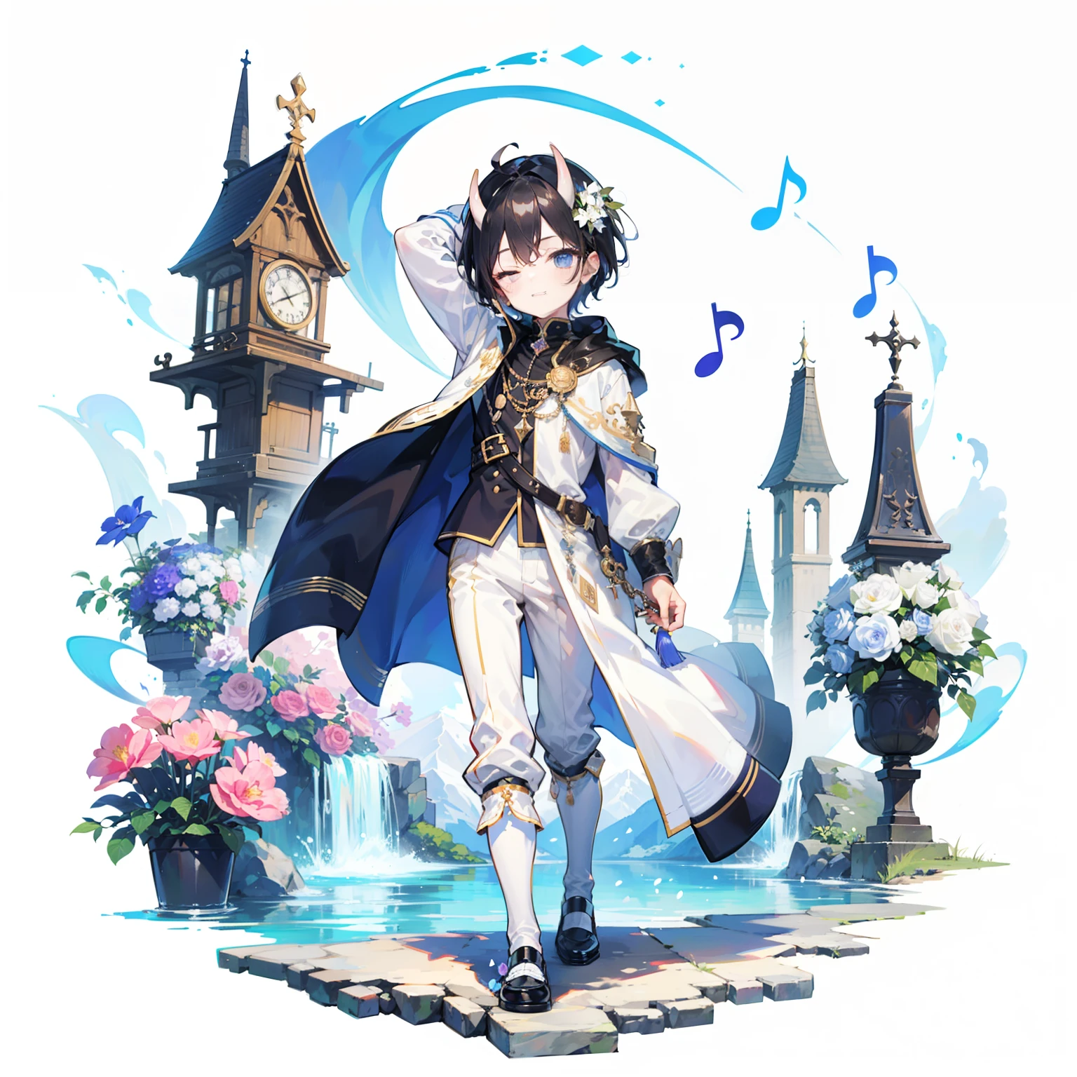 1boys,with short black hair,adolable,(small stature),(Small child figure),solo person,White cloak,eye closeds,horns on head,fresh flowers,pocketwatch,「White background 1::5」,ssmile,sentado em frente a um lago,Music Genie,shorter pants,white stockings,Small leather shoes,Musical notation