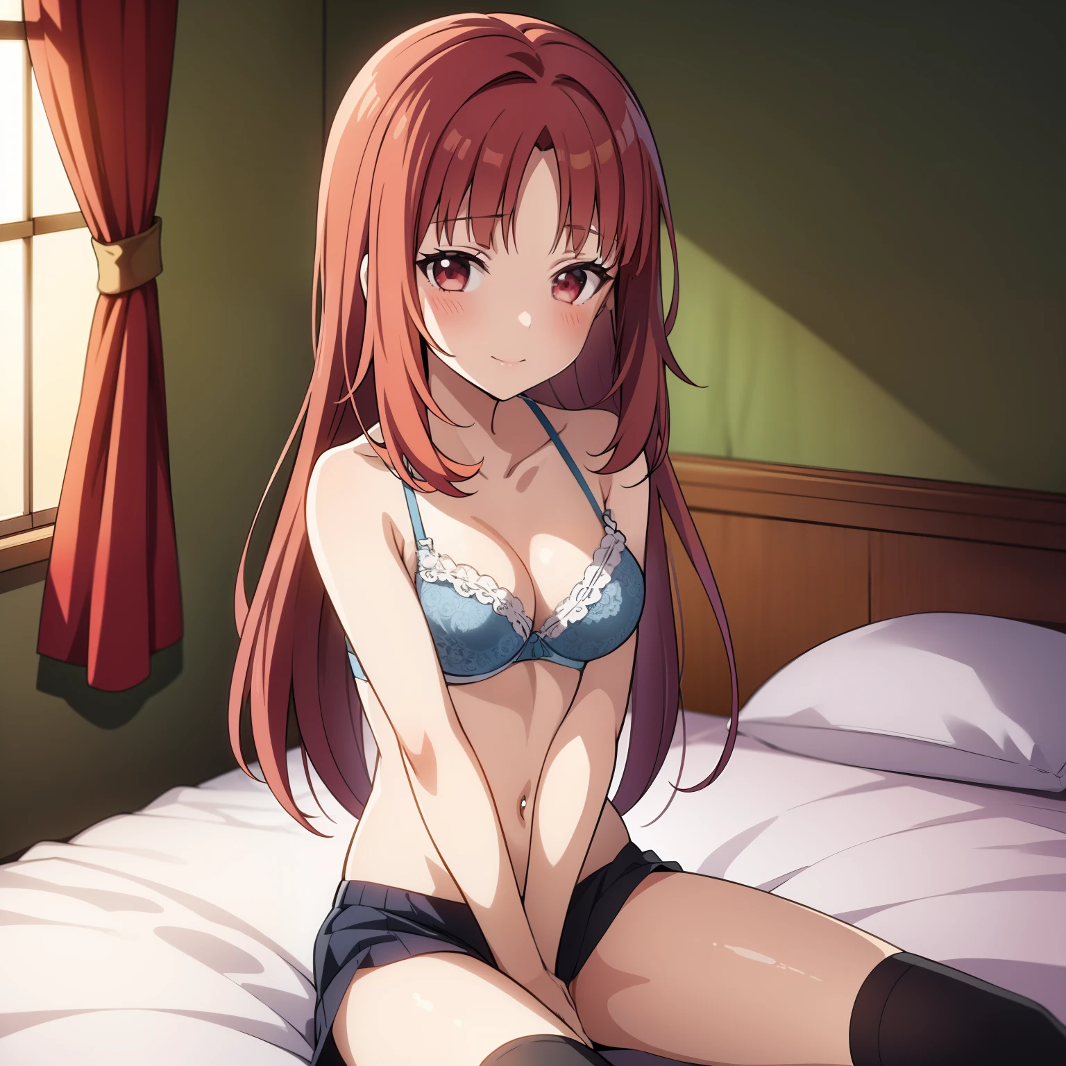 top-quality, 1girl, Kusakabe Corona, an lingerie, bra very, button, Black legwear, red blush, soft smiling, bedroom, blue-sky