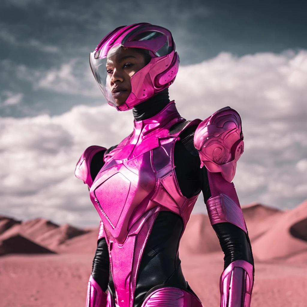 Portrait of a futuristic pink Power Ranger from space, fashion, editorial, fotografia editorial, capa de revista, 4k, boneca, intricate details, black studio background ::n_ low quality, full body, signature, mark, watermark, text, deformed, deformed eyes, deformed helmet