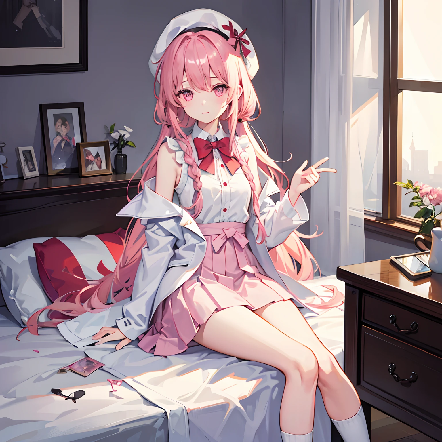 {1girll,独奏}White knee-length socks,Pink cotton slippers,broad white blouse,Pink shawl coat,pleatedskirt,Bare shoulders,A pink-haired,Long messy hair,Very long hair,right side braid,Hair tied on the right side,Red bow tie,red waistband,White berets,Indoor girls,Lazy expression,The body is petite,Computer,sofe,Coat rack,(Lazy out of bed:1.2),(Lai bed),(An alarm clock ringing by the bed:1.2),Randomly arranged comic books,Cluttered bed,{Lazy atmosphere},{sportrait:1.2},{Masterpiece},{Best quality at best},{extremelydetailed8Kwallpaper},{超高分辨率},{Delicate background},{Sparkling pink eyes},gentlesoftlighting,Warm light,Front view,volumettic light,Loose fit,Sweet clothing compartment,(intricately details),{delicate adorable face},(A detailed eye),
