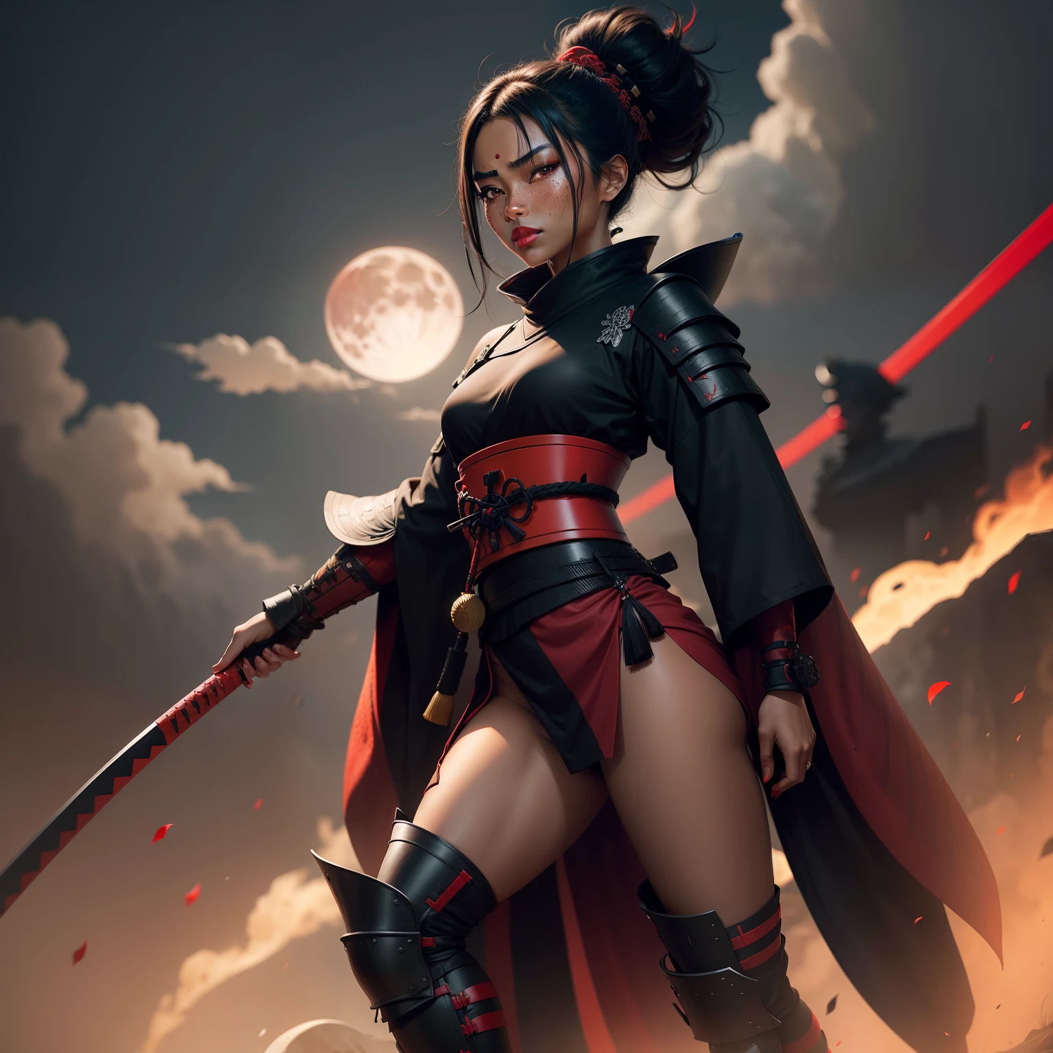 Female samurai warrior, jet black hair, dark skinned tanned, red black, bright moon, freckles on the face, red lipstick, full body