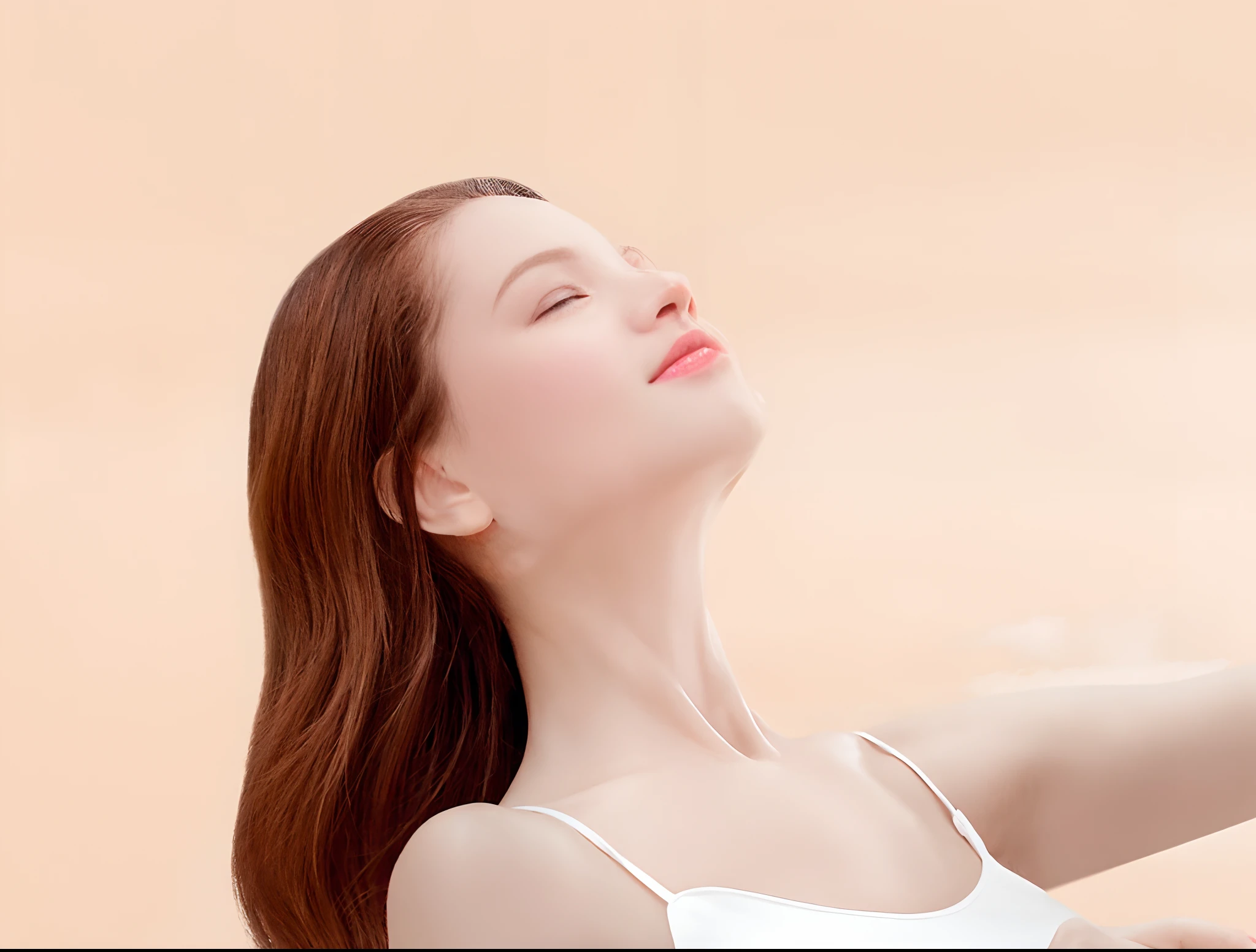 there is a woman holding a cell phone up to her ear, Smooth porcelain skin, woman with porcelain skin, attractive neck, diffused natural skin glow, she is in pure bliss, photoshoot for skincare brand, smooth glowing skin, smooth jaw, smooth body features, Clean face and body skin, natural beauty expressive pose, Pointed chin, transparent vibrant glowing skin