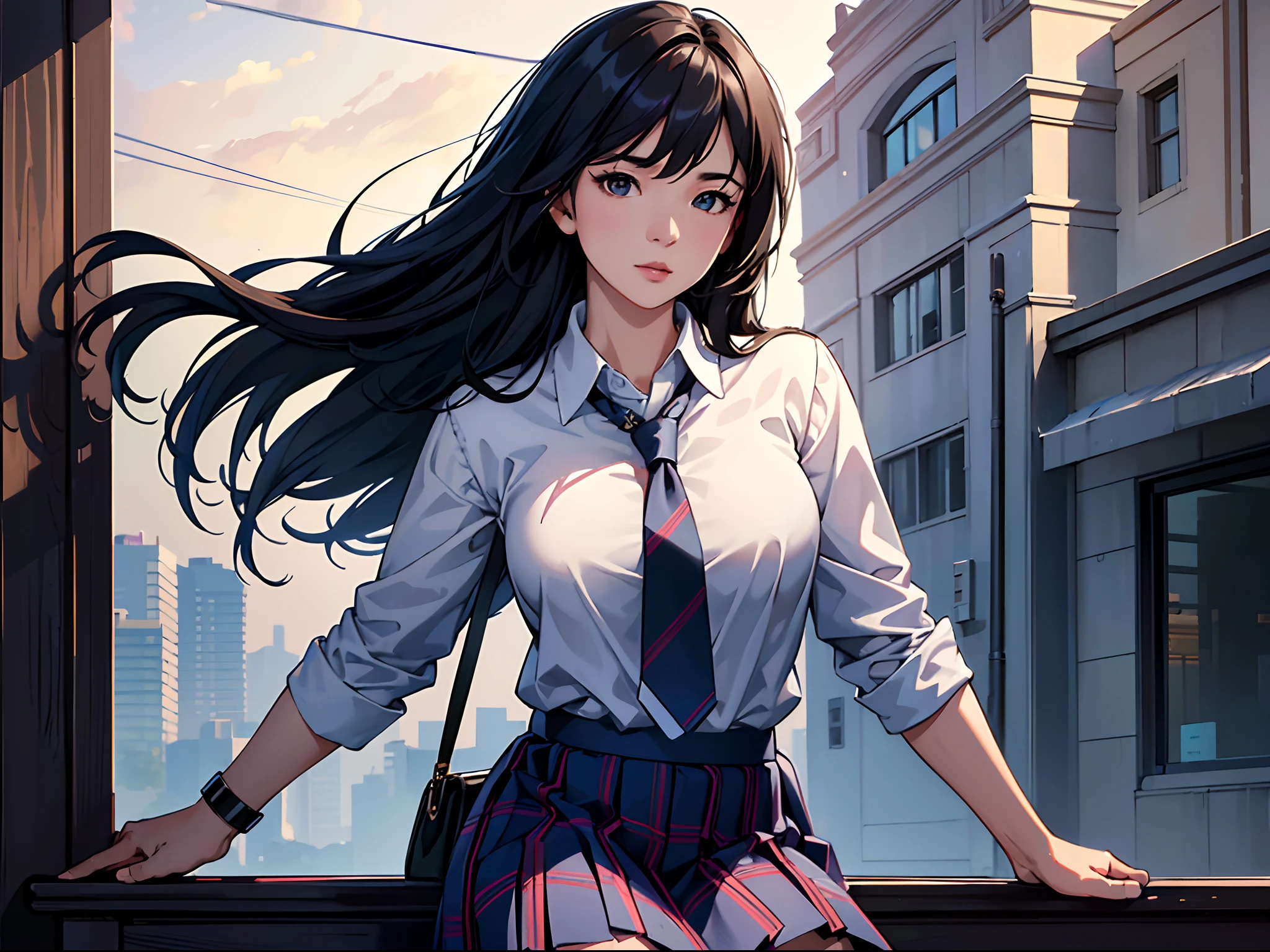 (masterpiece)), ((best quality)), (ultra-detailed), realistic, 8k, wallpaper, beautiful, high resolution, a closeup of a young asian girl wearing blue plaid skirt, 1girl, solo, realistic, necktie, skirt, school uniform, black hair, jewelry, long hair, head tilt