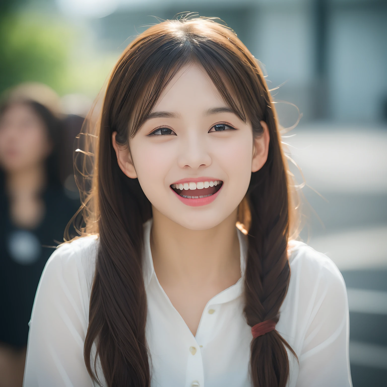 ((Best Quality, 8K, masutepiece :1.3)), (1girl in: 1.2), Smiling, Face, Slim Face, Pretty Woman, (dark brown hair), (Pony tail: 1.4), Ultra-detailed face, Detailed eyes, Single eyelid, blur backgroun, Slim Face, city, tthin eyebrows, Big eyes, Outside, Street, (Wide mouth: 1.4), Blurred background, thick lips, slightly looking Up