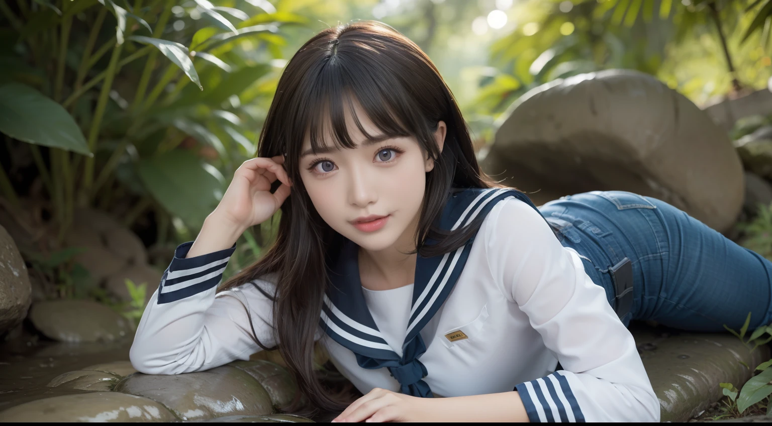 a pregirl，ssmile, looking at viewert, sailor uniformm,skintight jeans，photore, realisticlying, Best quality at best, employee, 详细的脸，Lying on a large mossy stone in a bamboo forest， diffuselighting, depth of fields