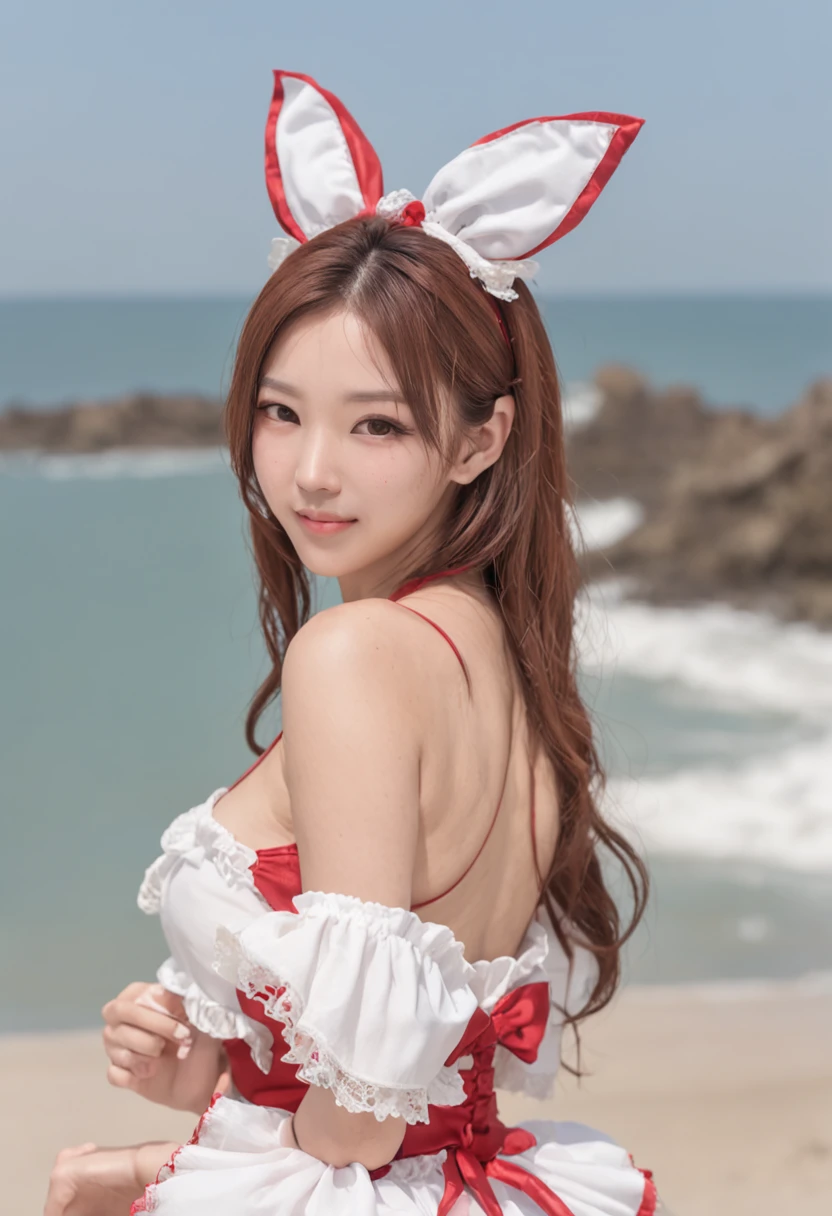 masterpiece, hightquality, Hi-Res, MEMcho,beach、(((huge tit)))、(((The bikini))), Idol、cute little、a beauty girl、Beautuful Women、女優、cowboy shot, (a blond)、, (Big horns), (:3:1.2), , sitting on, hoop earrings,Anime